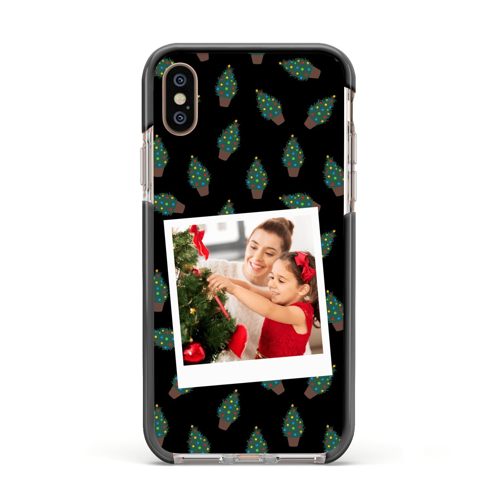 Christmas Tree Polaroid Photo Apple iPhone Xs Impact Case Black Edge on Gold Phone