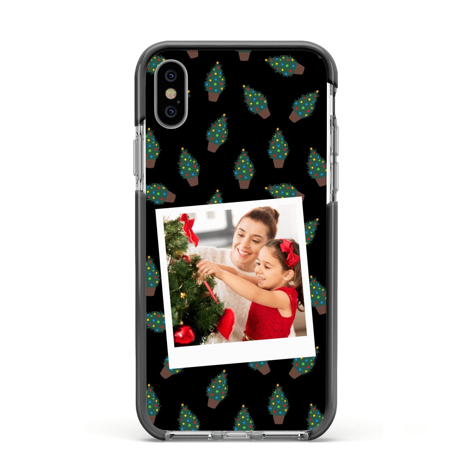 Christmas Tree Polaroid Photo Apple iPhone Xs Impact Case Black Edge on Silver Phone