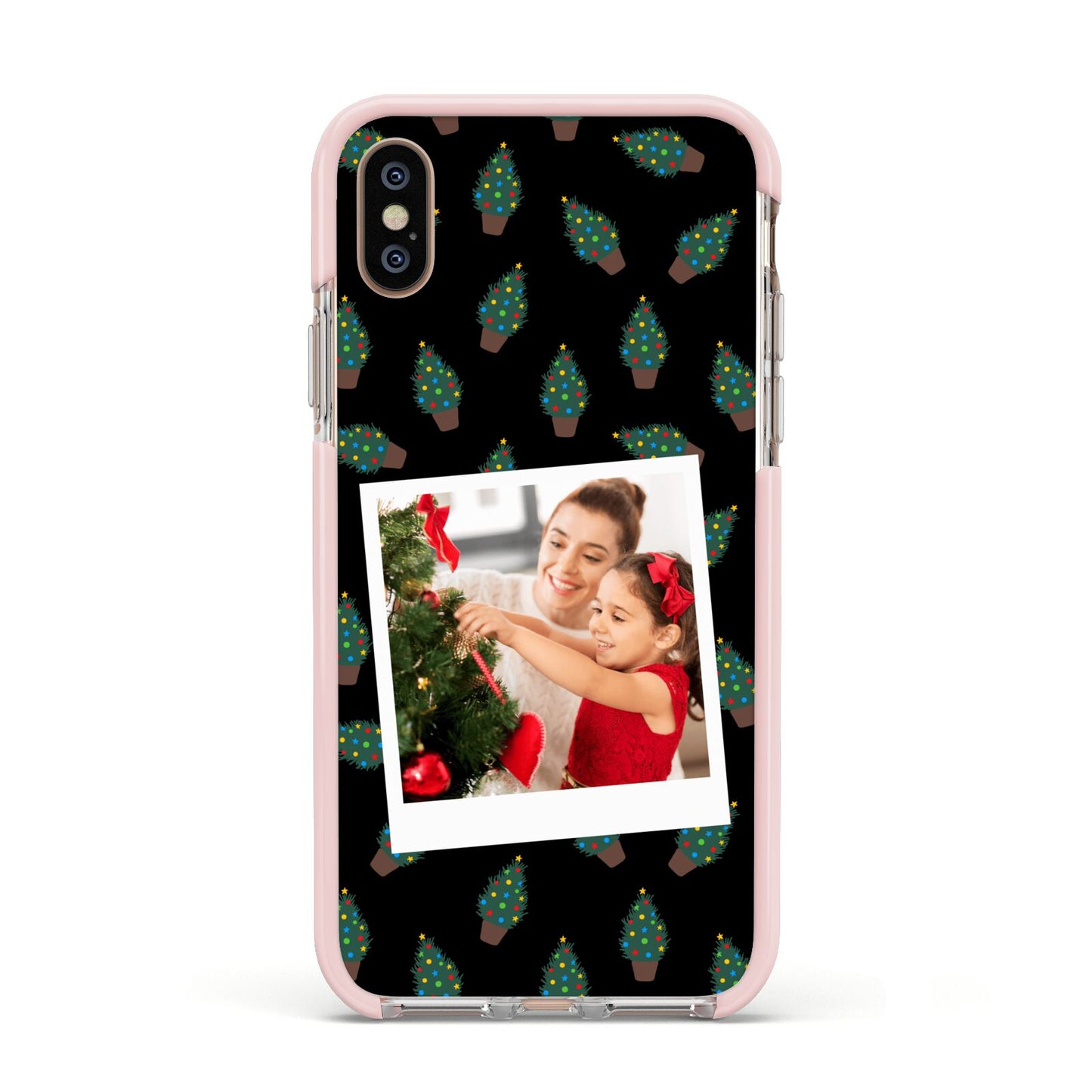 Christmas Tree Polaroid Photo Apple iPhone Xs Impact Case Pink Edge on Gold Phone