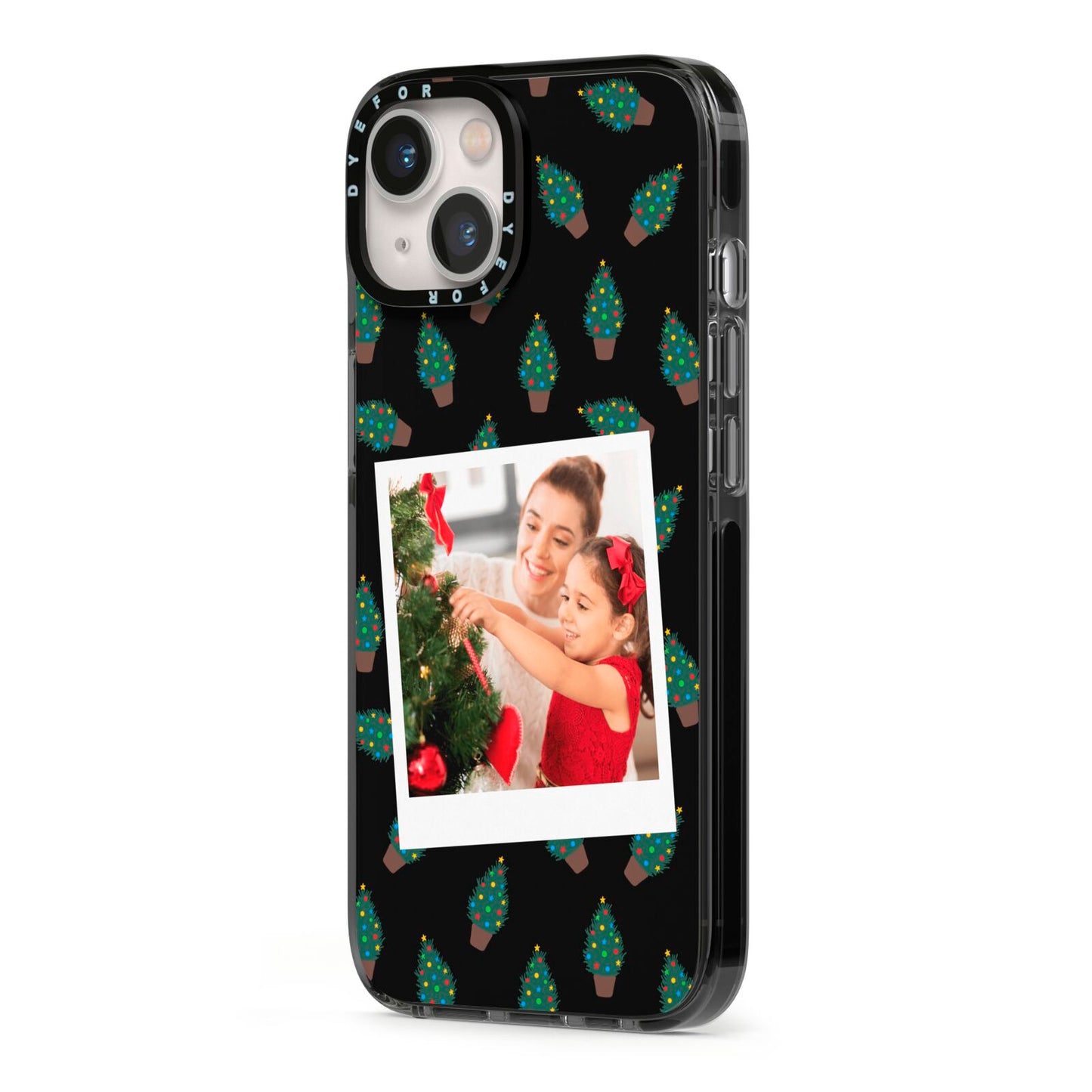 Christmas Tree Polaroid Photo iPhone 13 Black Impact Case Side Angle on Silver phone