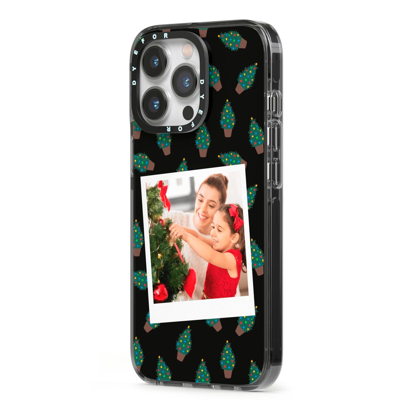 Christmas Tree Polaroid Photo iPhone 13 Pro Black Impact Case Side Angle on Silver phone