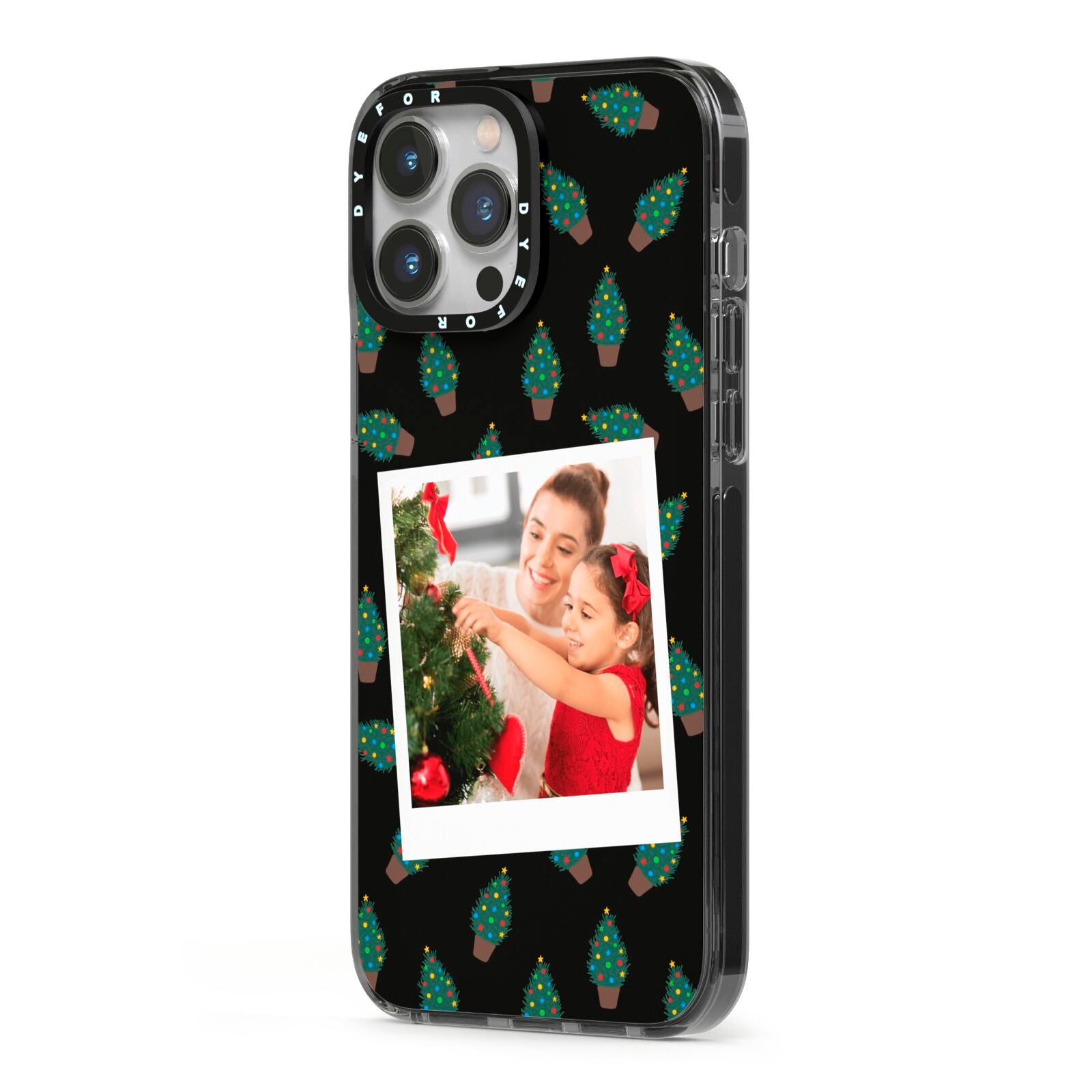 Christmas Tree Polaroid Photo iPhone 13 Pro Max Black Impact Case Side Angle on Silver phone