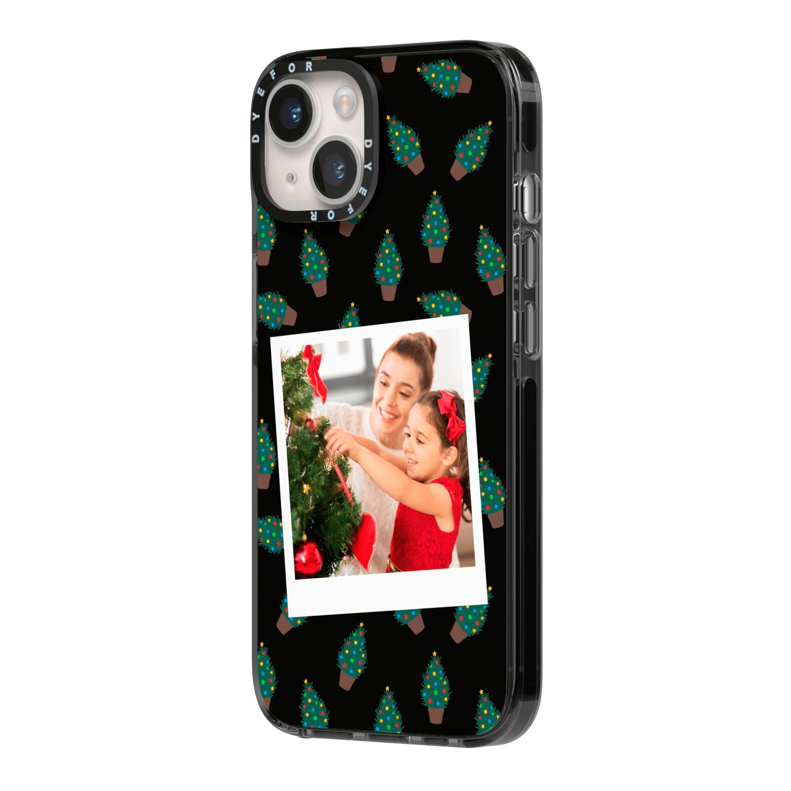 Christmas Tree Polaroid Photo iPhone 14 Black Impact Case Side Angle on Silver phone