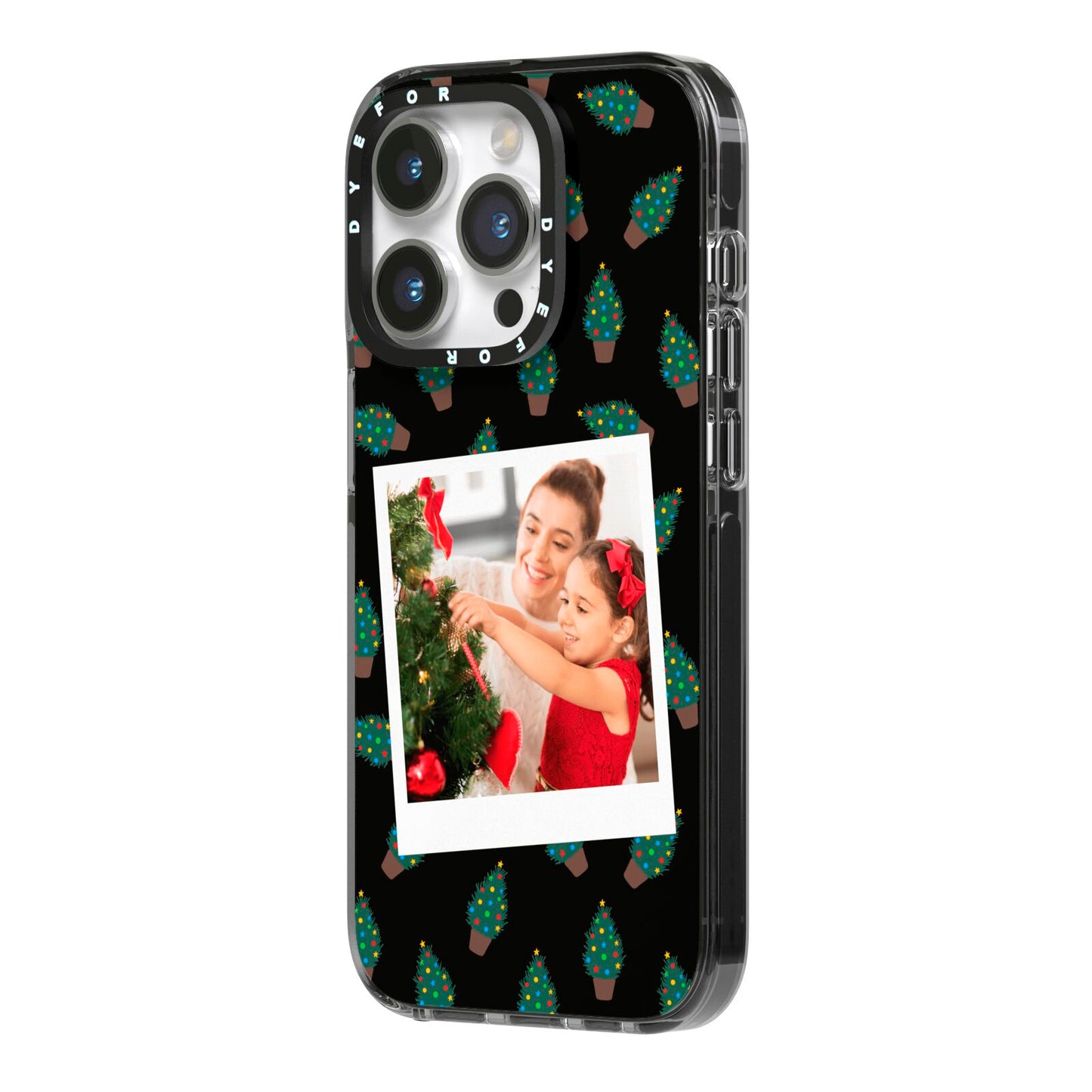 Christmas Tree Polaroid Photo iPhone 14 Pro Black Impact Case Side Angle on Silver phone