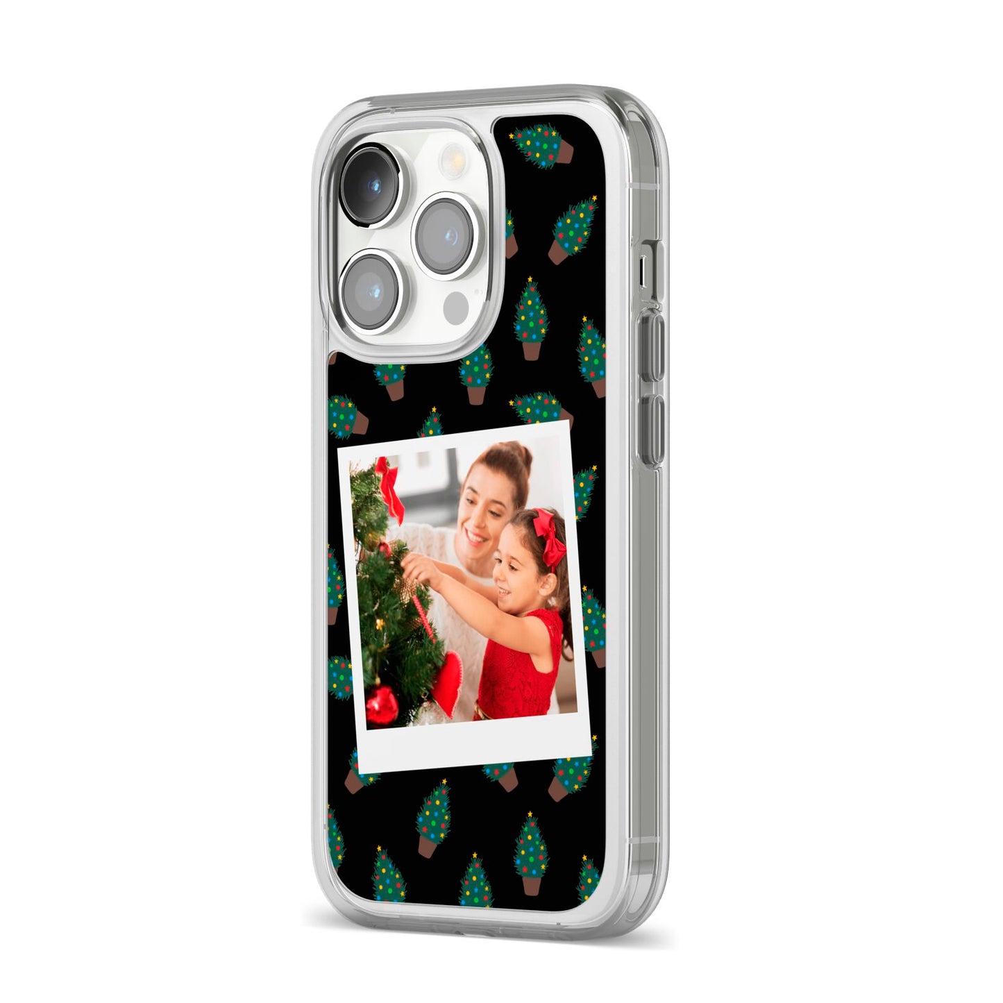 Christmas Tree Polaroid Photo iPhone 14 Pro Clear Tough Case Silver Angled Image