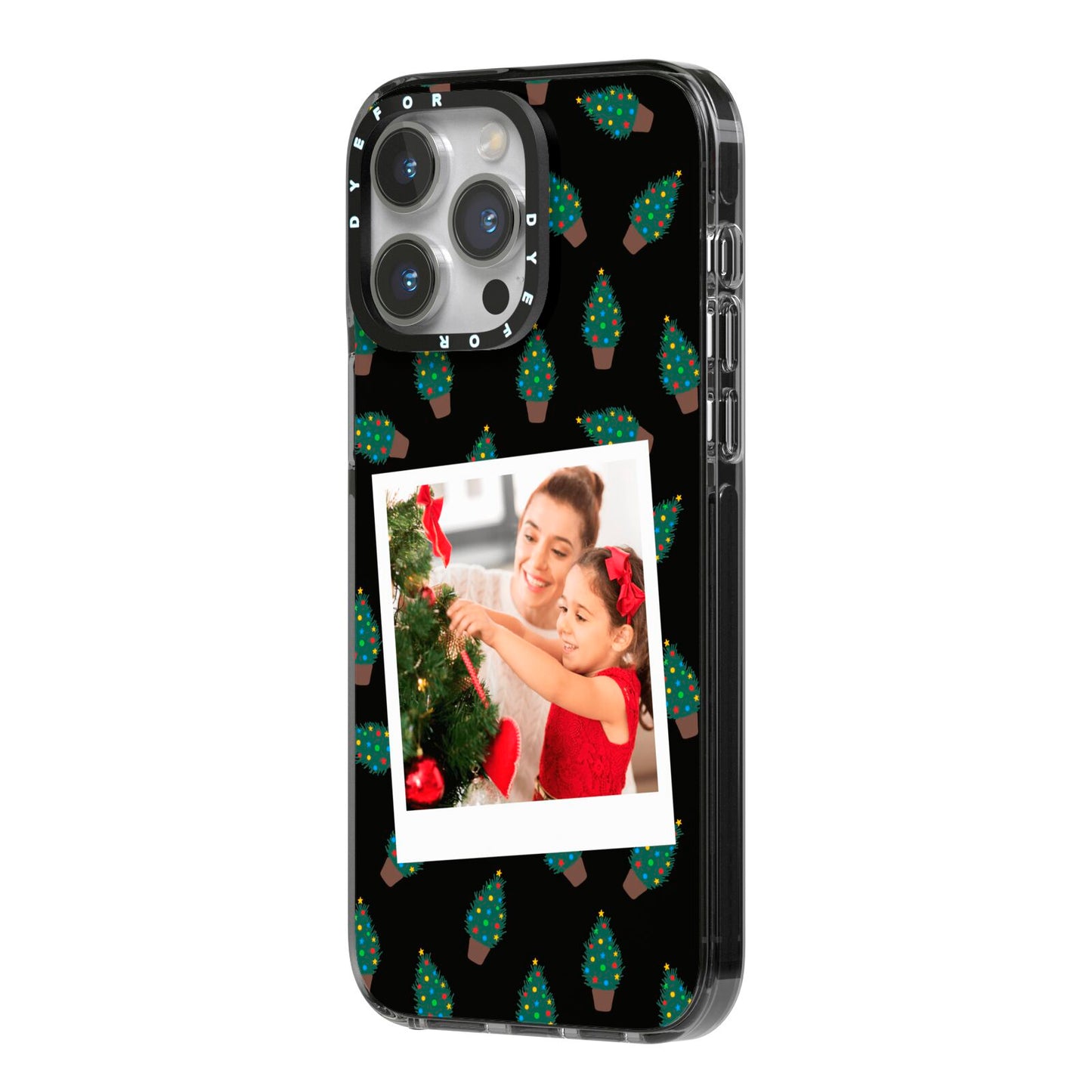 Christmas Tree Polaroid Photo iPhone 14 Pro Max Black Impact Case Side Angle on Silver phone