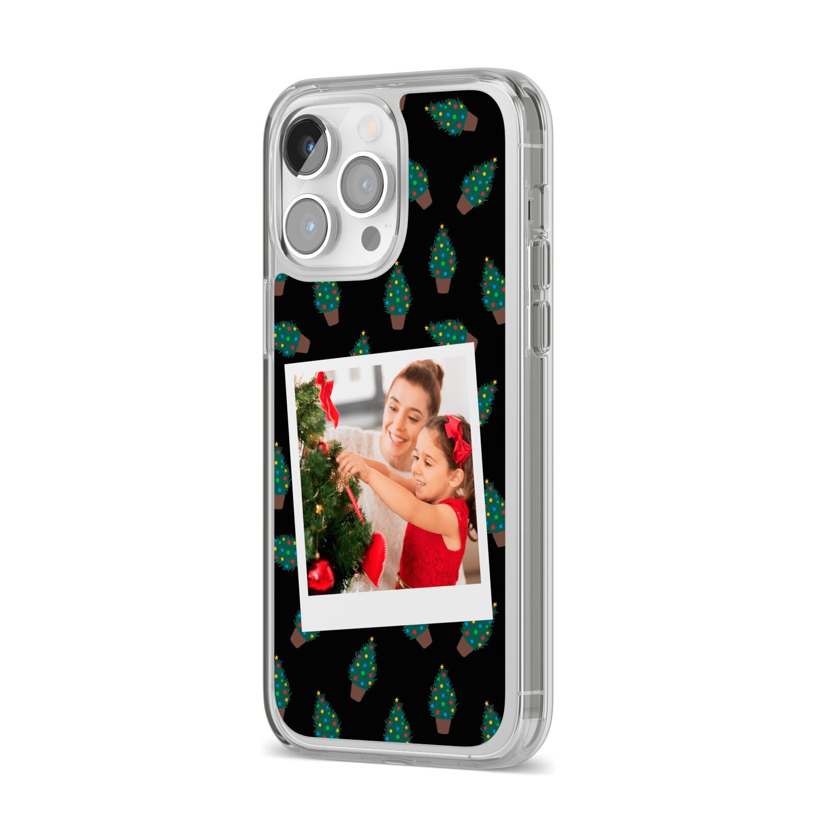 Christmas Tree Polaroid Photo iPhone 14 Pro Max Clear Tough Case Silver Angled Image