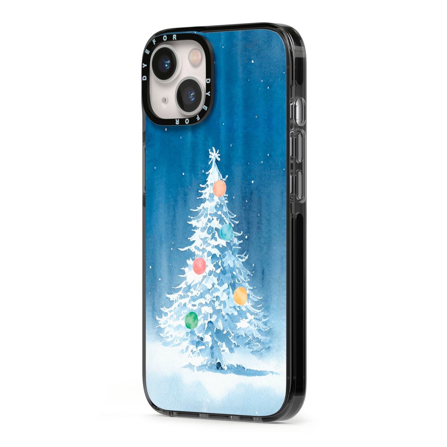 Christmas Tree iPhone 13 Black Impact Case Side Angle on Silver phone