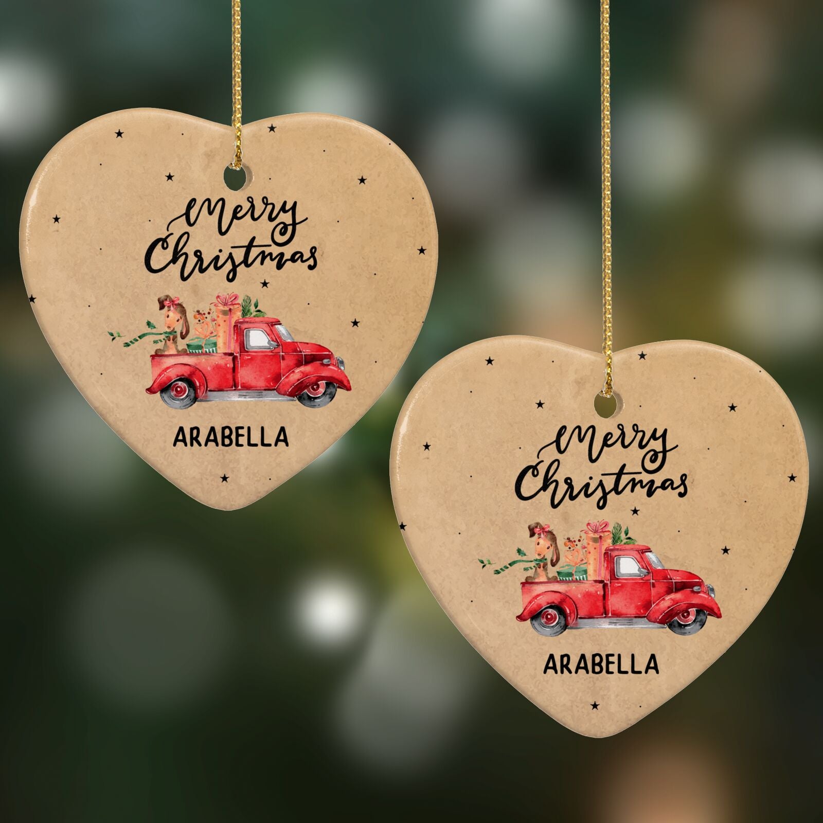 Christmas Truck Personalised Heart Decoration on Christmas Background