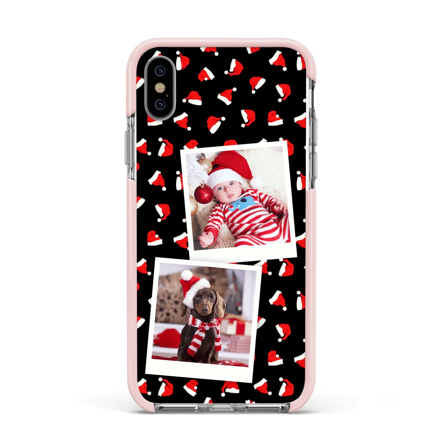 Christmas Two Photo Apple iPhone Xs Impact Case Pink Edge on Silver Phone