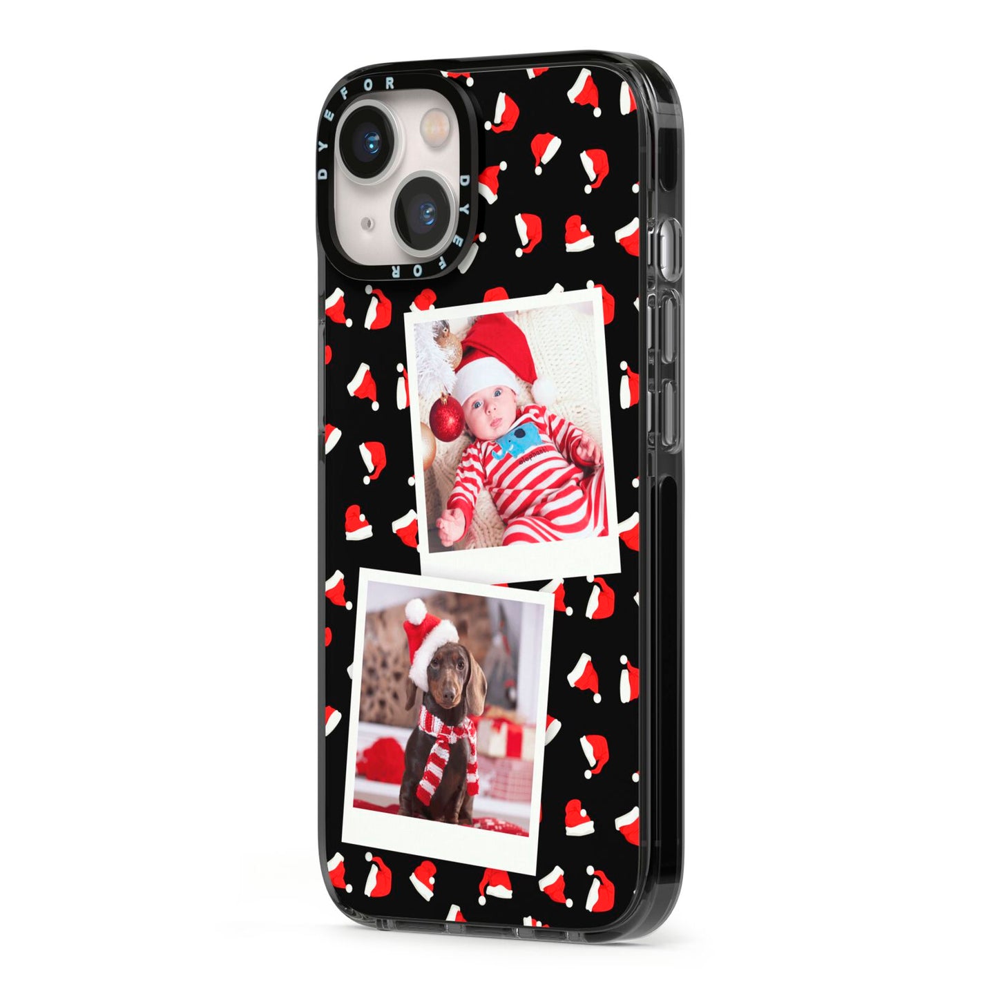 Christmas Two Photo iPhone 13 Black Impact Case Side Angle on Silver phone
