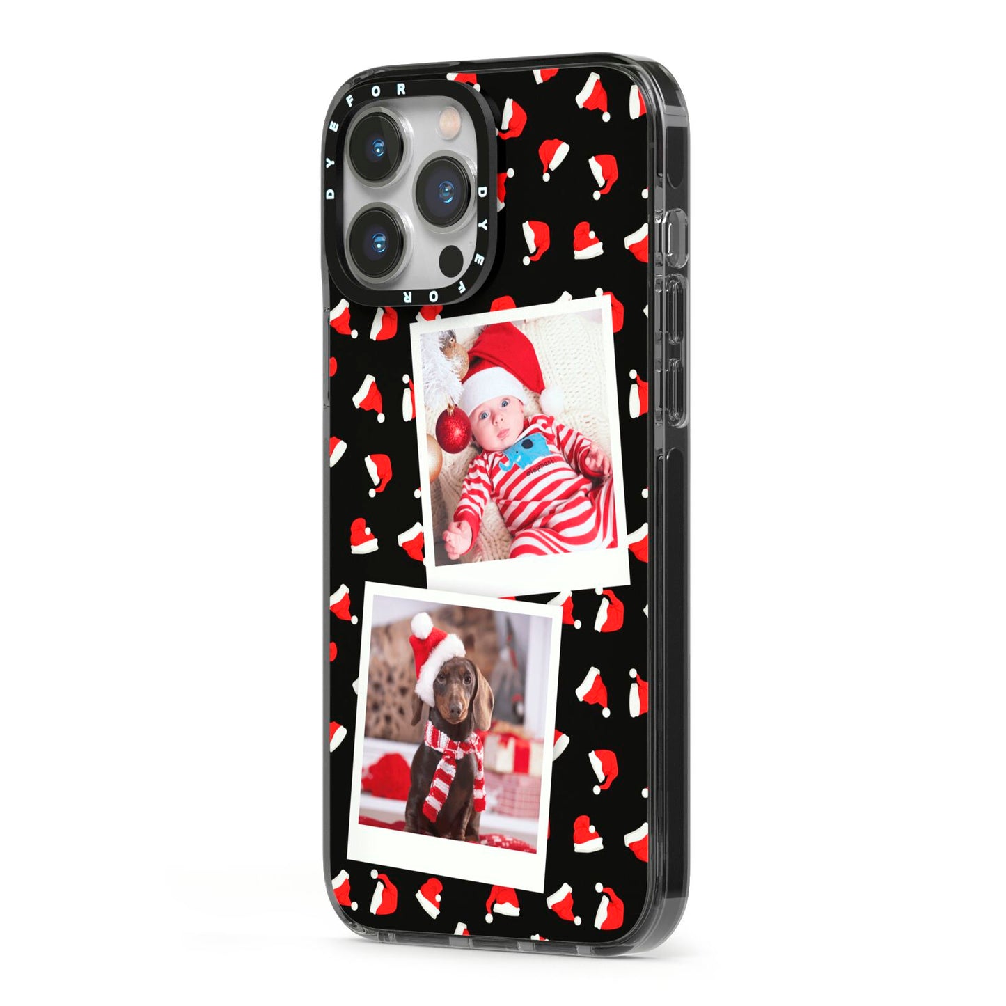 Christmas Two Photo iPhone 13 Pro Max Black Impact Case Side Angle on Silver phone