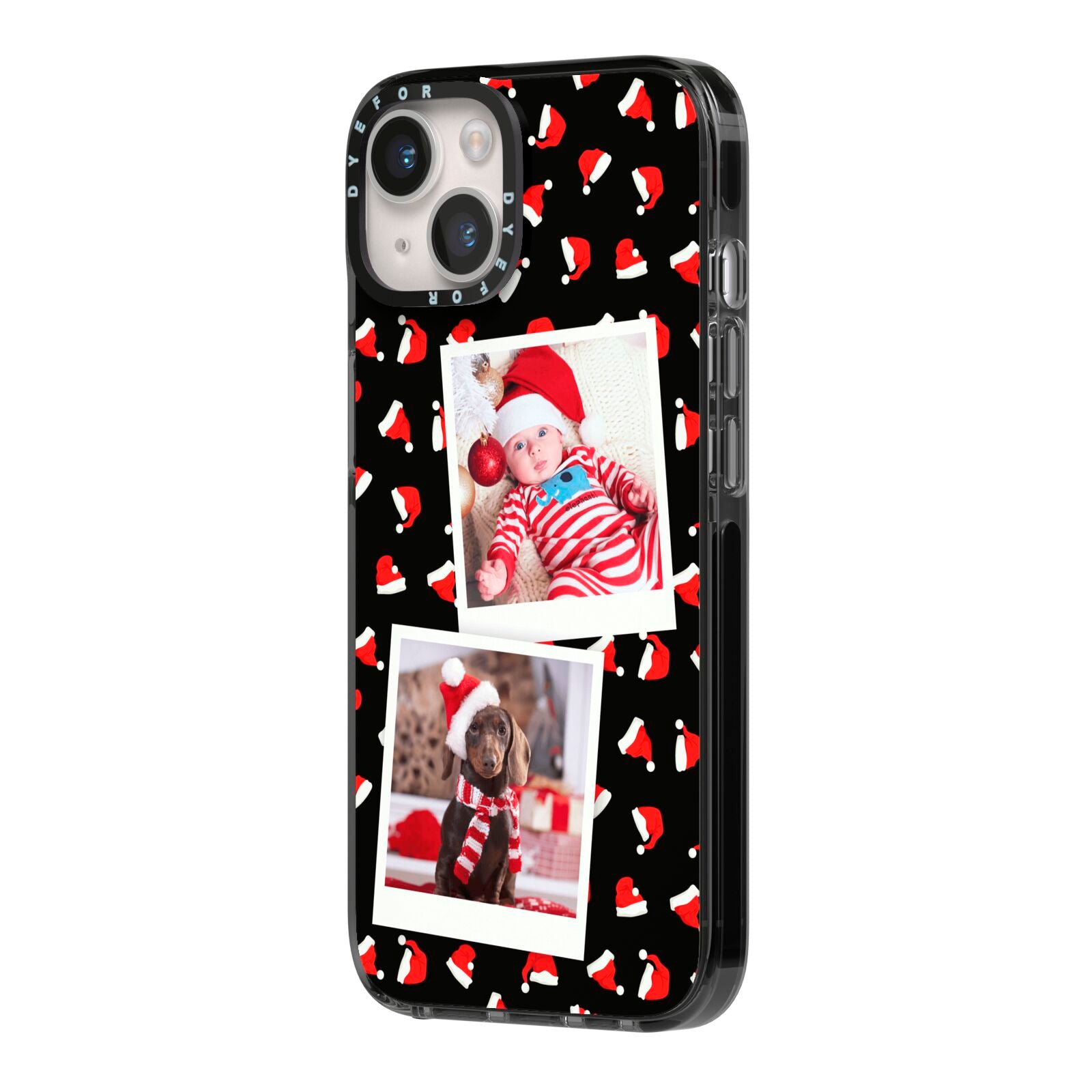 Christmas Two Photo iPhone 14 Black Impact Case Side Angle on Silver phone