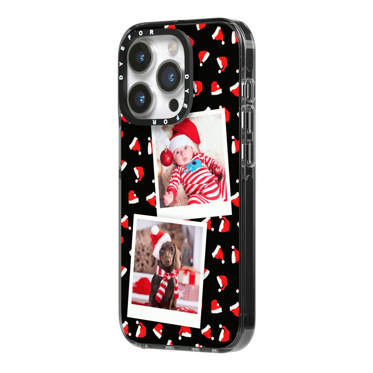 Christmas Two Photo iPhone 14 Pro Black Impact Case Side Angle on Silver phone