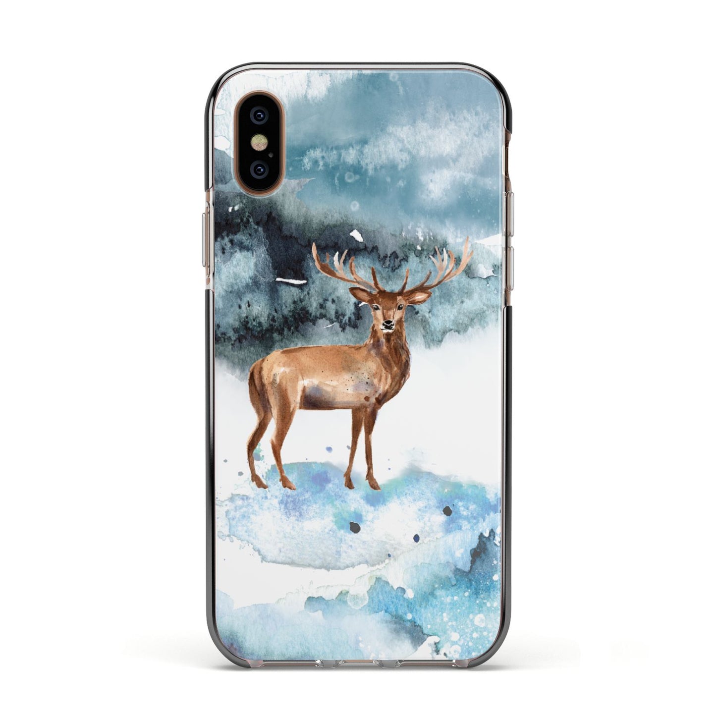 Christmas Winter Stag Apple iPhone Xs Impact Case Black Edge on Gold Phone