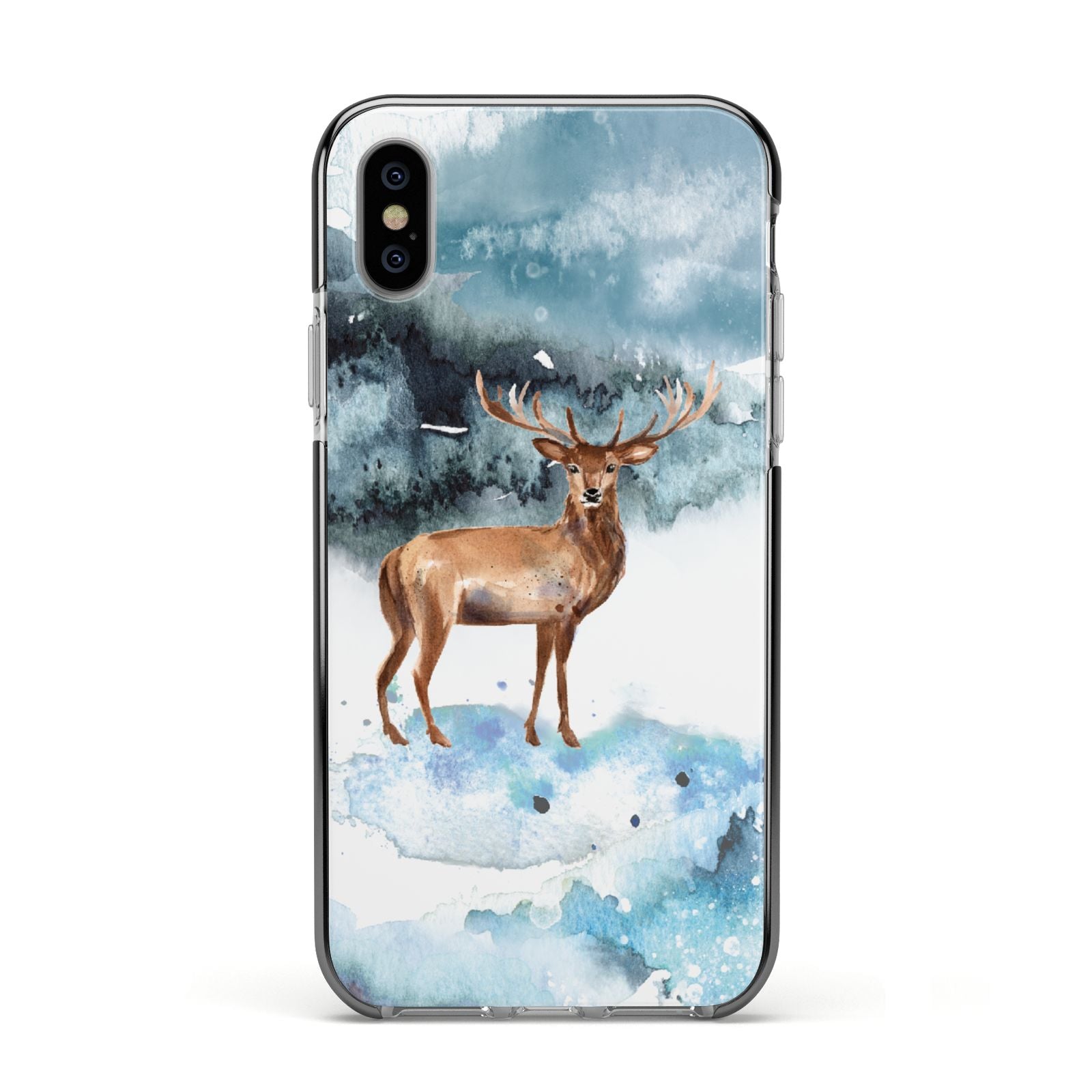 Christmas Winter Stag Apple iPhone Xs Impact Case Black Edge on Silver Phone