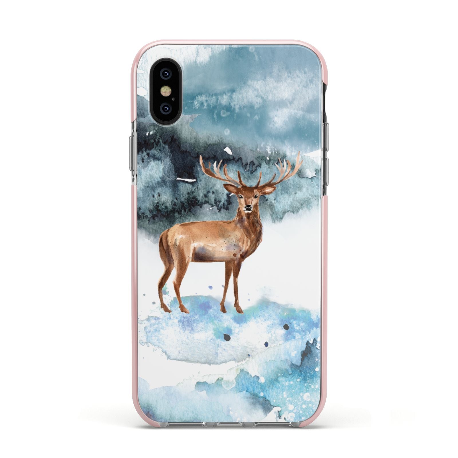 Christmas Winter Stag Apple iPhone Xs Impact Case Pink Edge on Black Phone