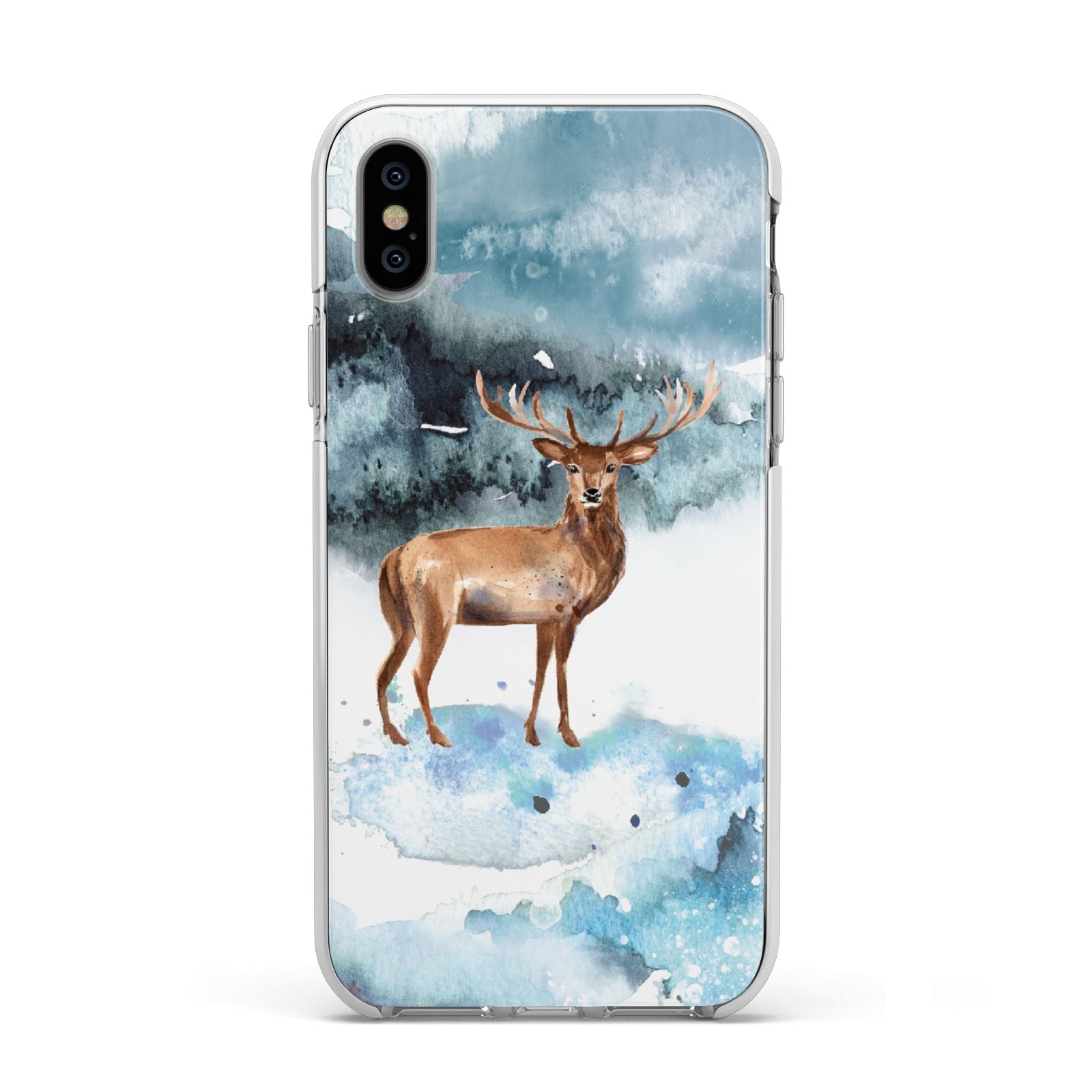 Christmas Winter Stag Apple iPhone Xs Impact Case White Edge on Silver Phone
