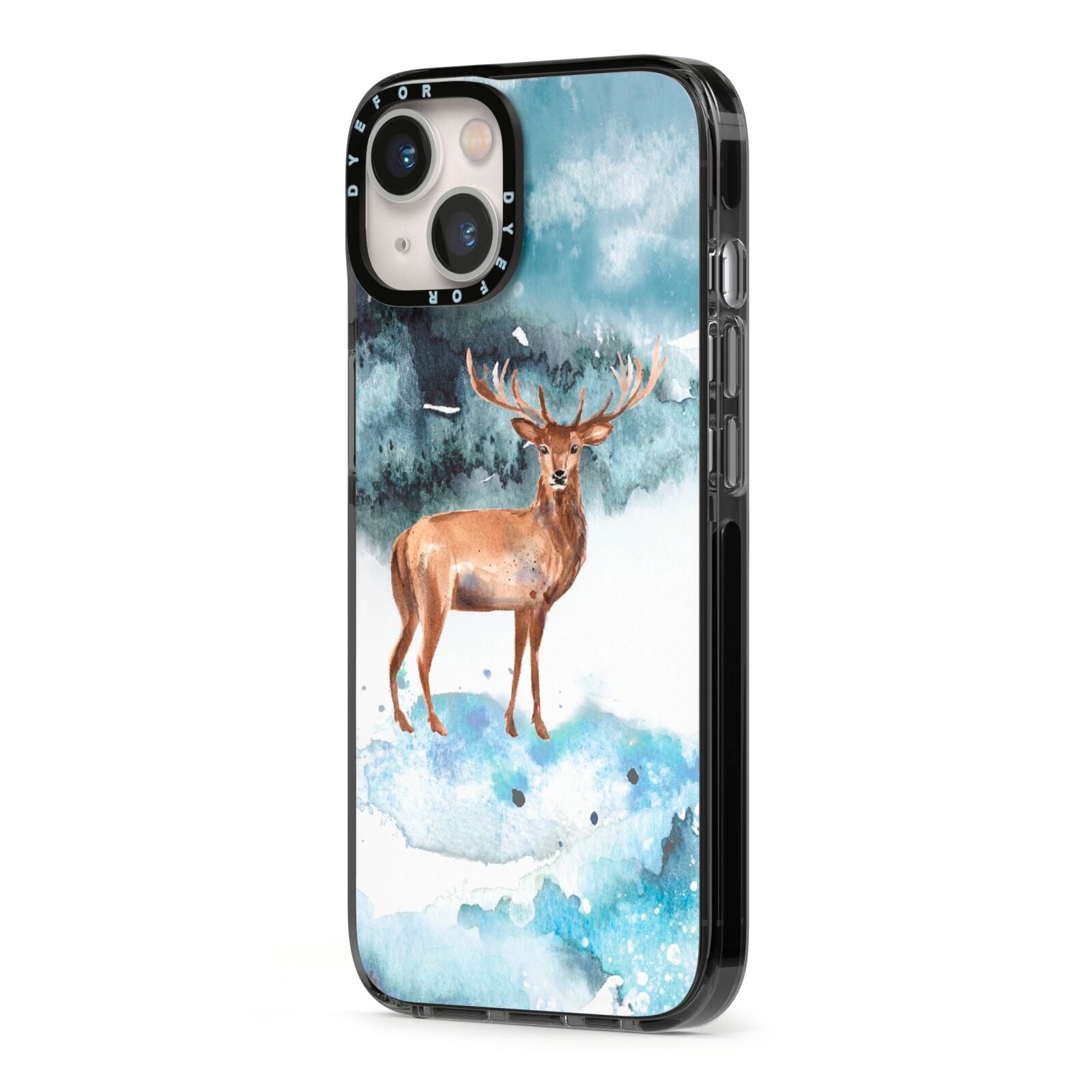 Christmas Winter Stag iPhone 13 Black Impact Case Side Angle on Silver phone