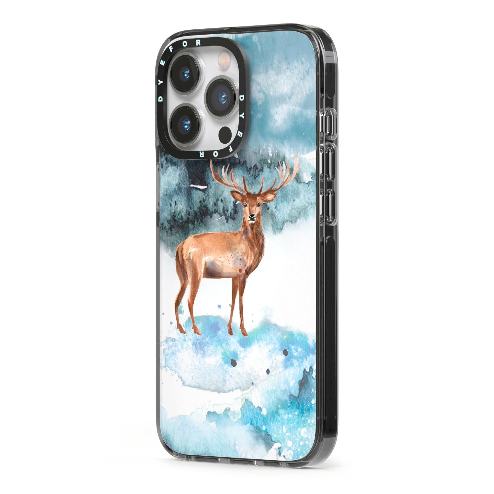 Christmas Winter Stag iPhone 13 Pro Black Impact Case Side Angle on Silver phone