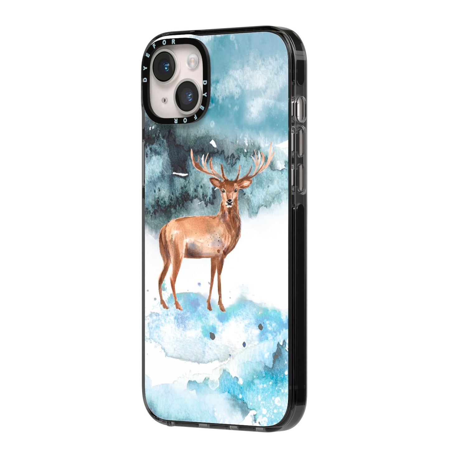Christmas Winter Stag iPhone 14 Plus Black Impact Case Side Angle on Silver phone