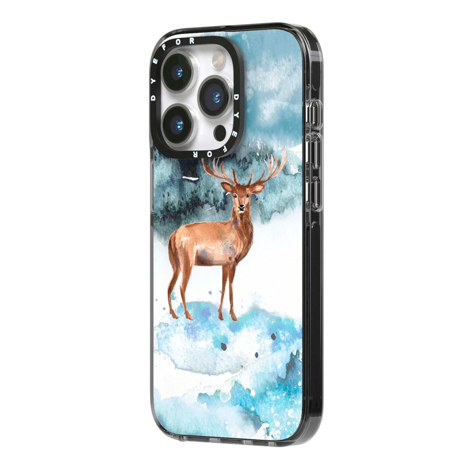Christmas Winter Stag iPhone 14 Pro Black Impact Case Side Angle on Silver phone