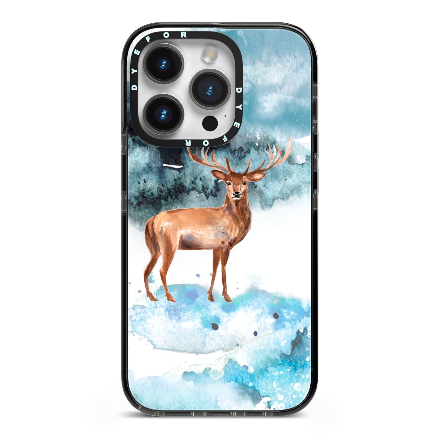Christmas Winter Stag iPhone 14 Pro Black Impact Case on Silver phone