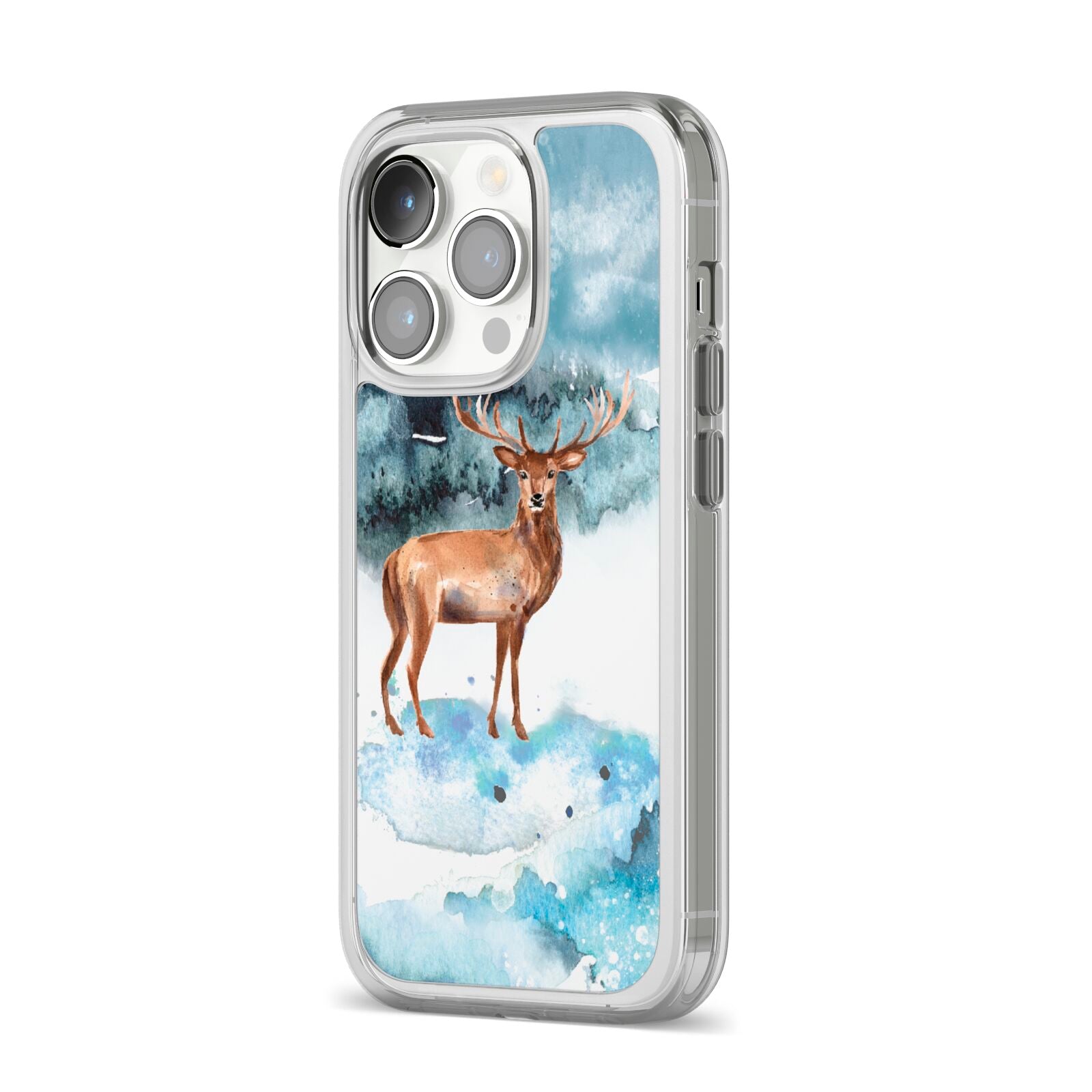 Christmas Winter Stag iPhone 14 Pro Clear Tough Case Silver Angled Image