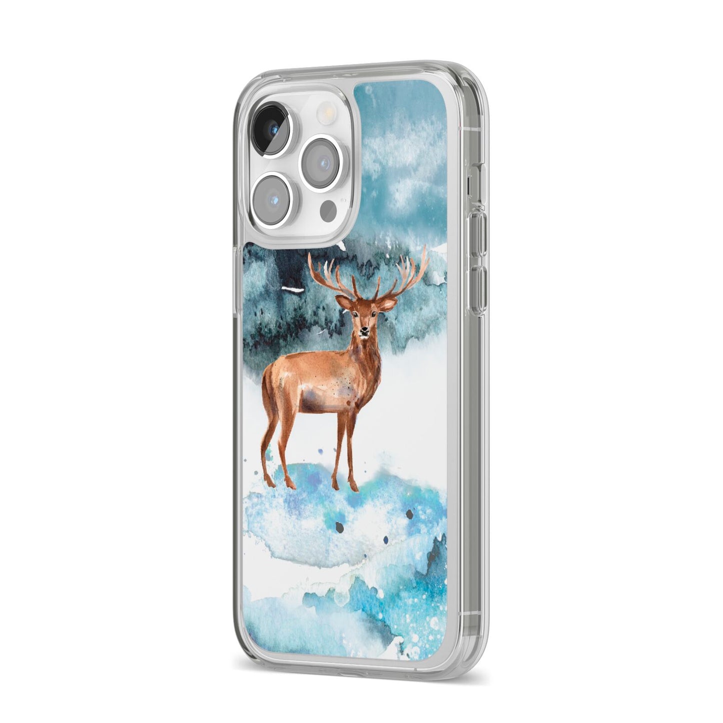 Christmas Winter Stag iPhone 14 Pro Max Clear Tough Case Silver Angled Image