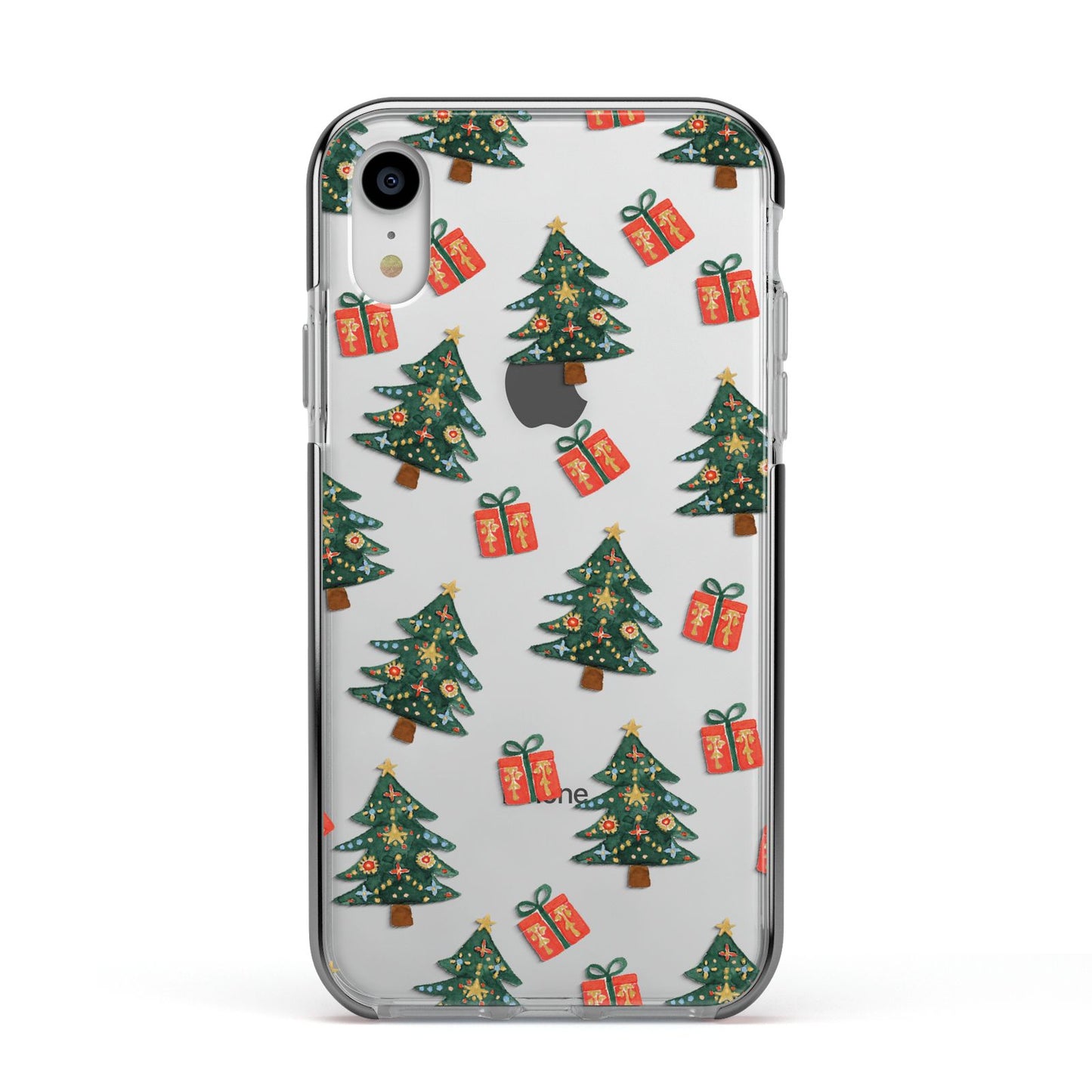 Christmas tree and presents Apple iPhone XR Impact Case Black Edge on Silver Phone