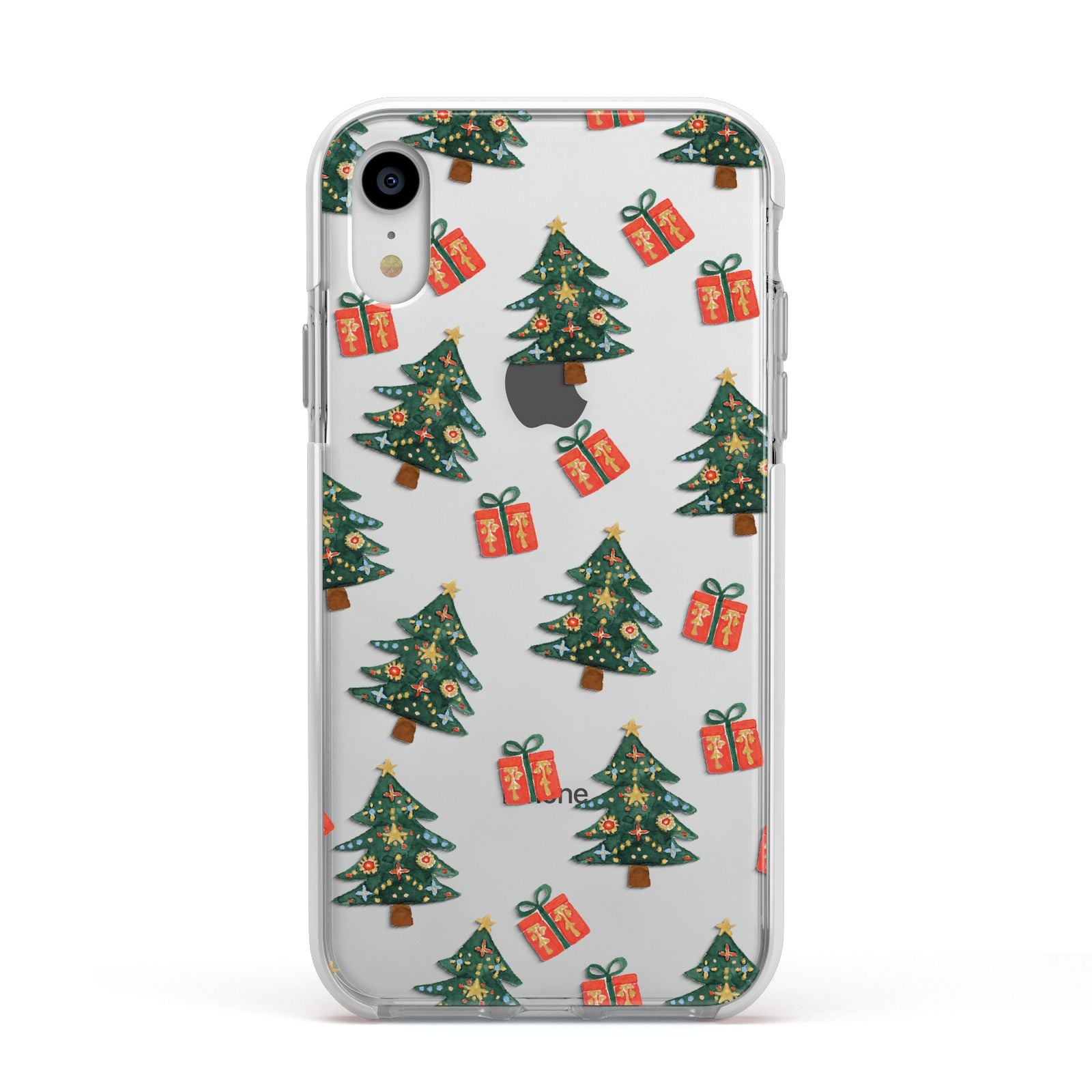 Christmas tree and presents Apple iPhone XR Impact Case White Edge on Silver Phone