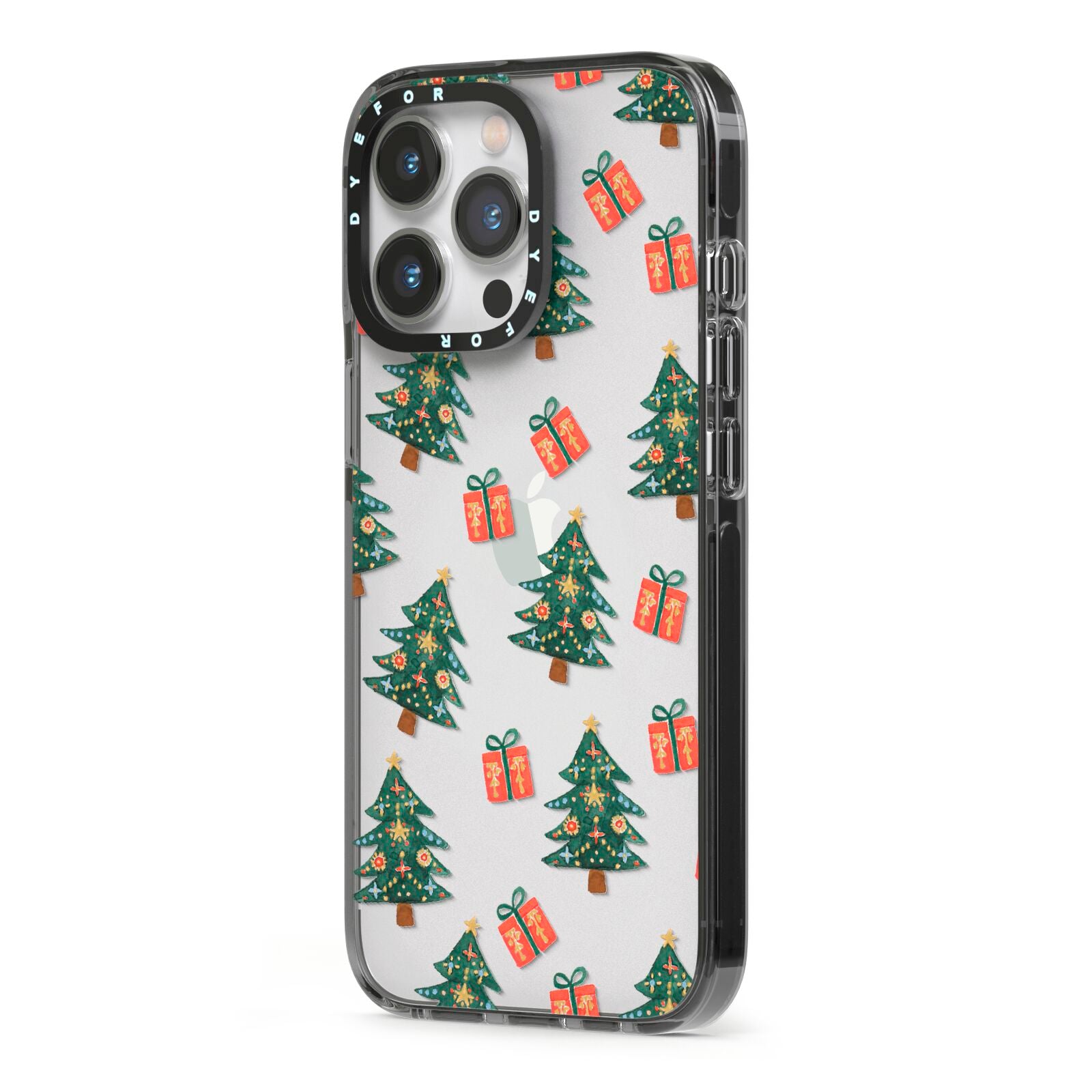 Christmas tree and presents iPhone 13 Pro Black Impact Case Side Angle on Silver phone