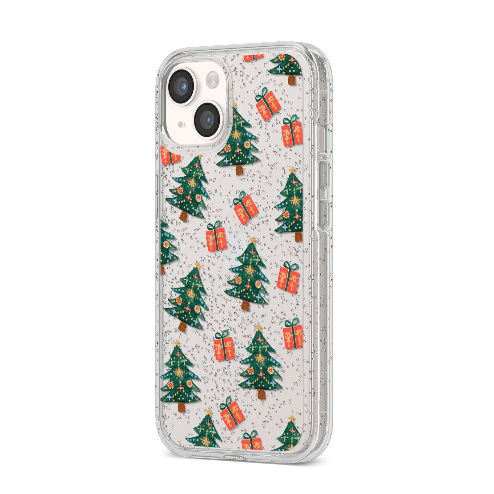 Christmas tree and presents iPhone 14 Glitter Tough Case Starlight Angled Image
