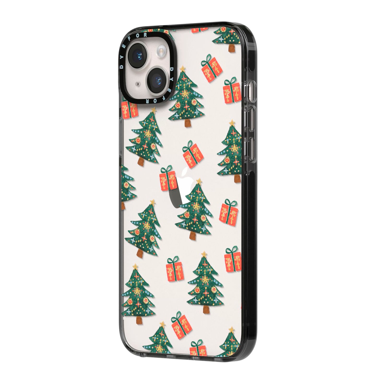 Christmas tree and presents iPhone 14 Plus Black Impact Case Side Angle on Silver phone
