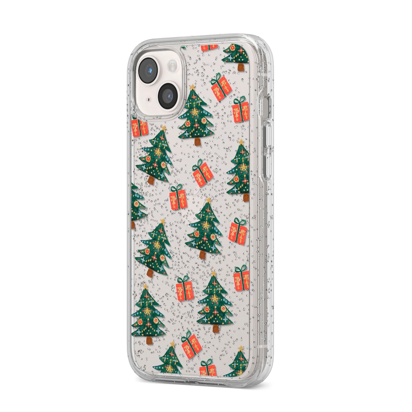 Christmas tree and presents iPhone 14 Plus Glitter Tough Case Starlight Angled Image