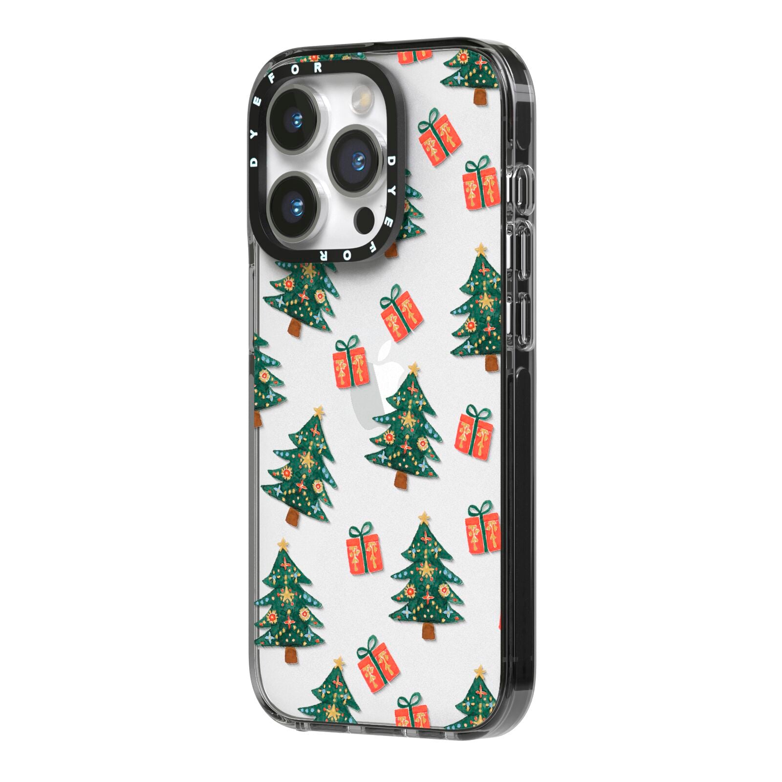 Christmas tree and presents iPhone 14 Pro Black Impact Case Side Angle on Silver phone