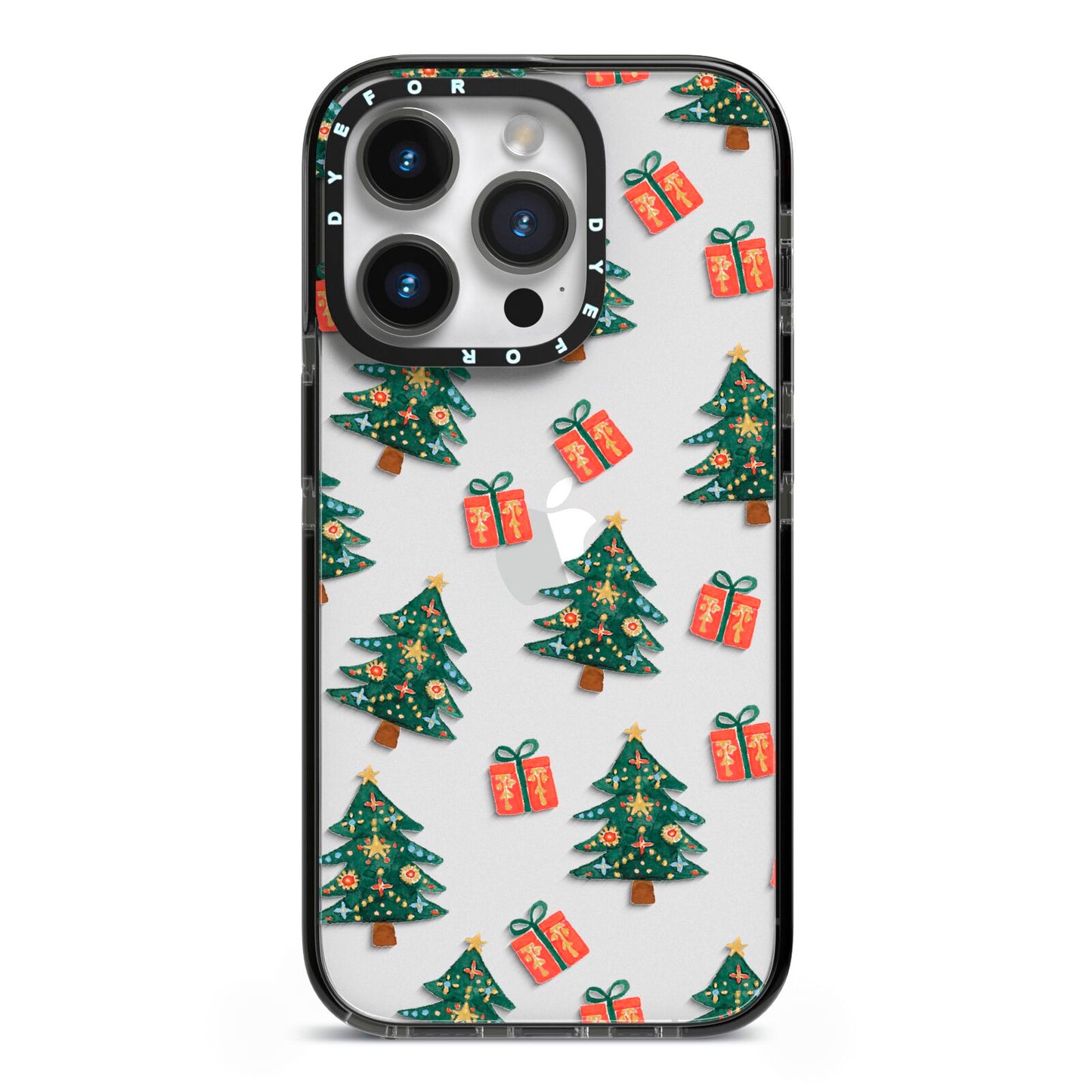 Christmas tree and presents iPhone 14 Pro Black Impact Case on Silver phone