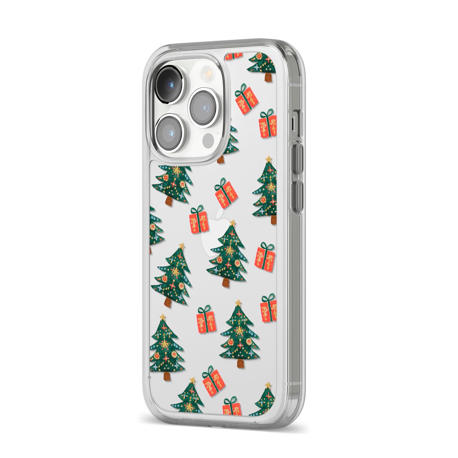 Christmas tree and presents iPhone 14 Pro Clear Tough Case Silver Angled Image
