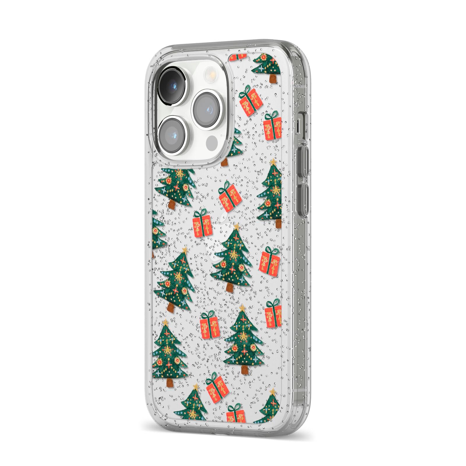 Christmas tree and presents iPhone 14 Pro Glitter Tough Case Silver Angled Image