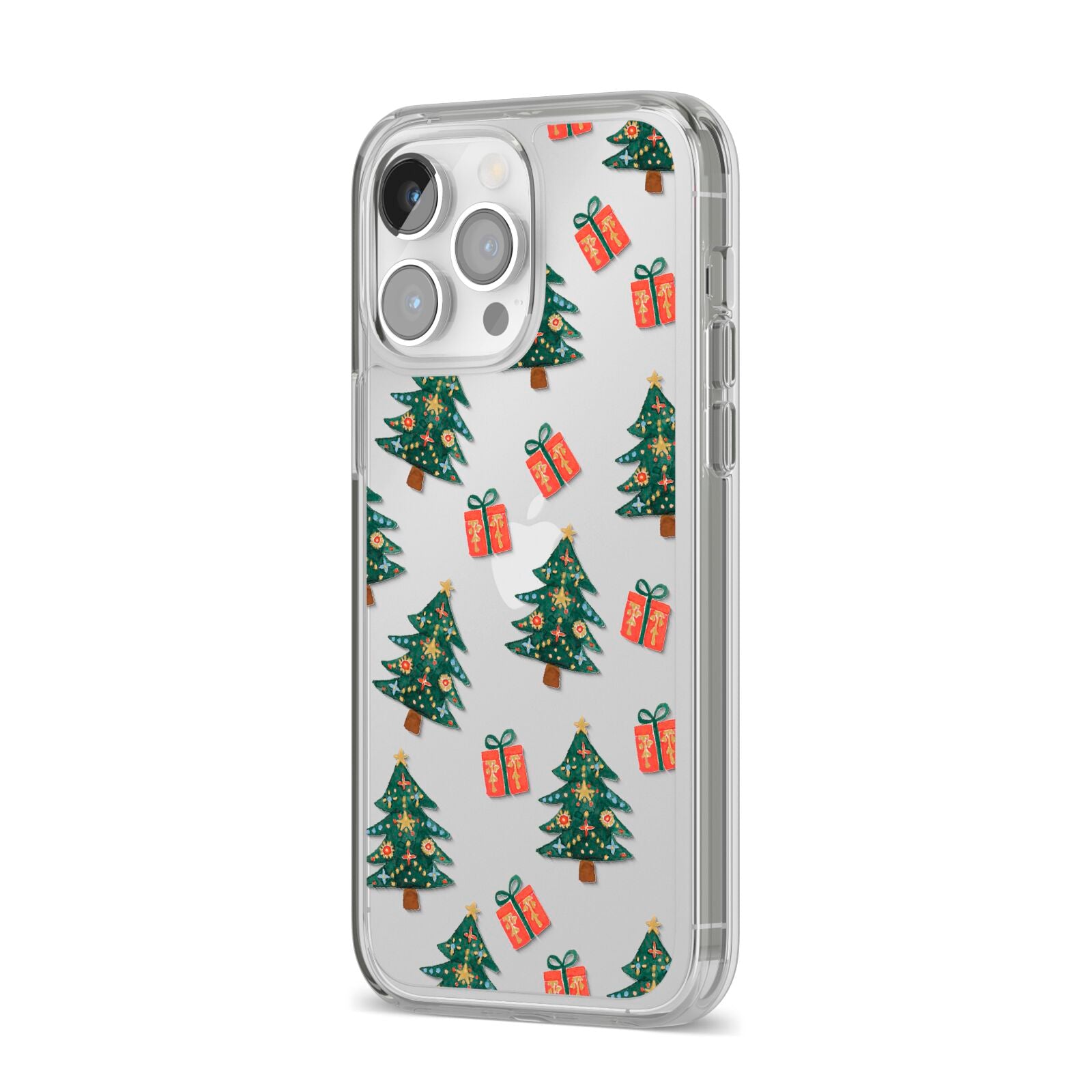 Christmas tree and presents iPhone 14 Pro Max Clear Tough Case Silver Angled Image