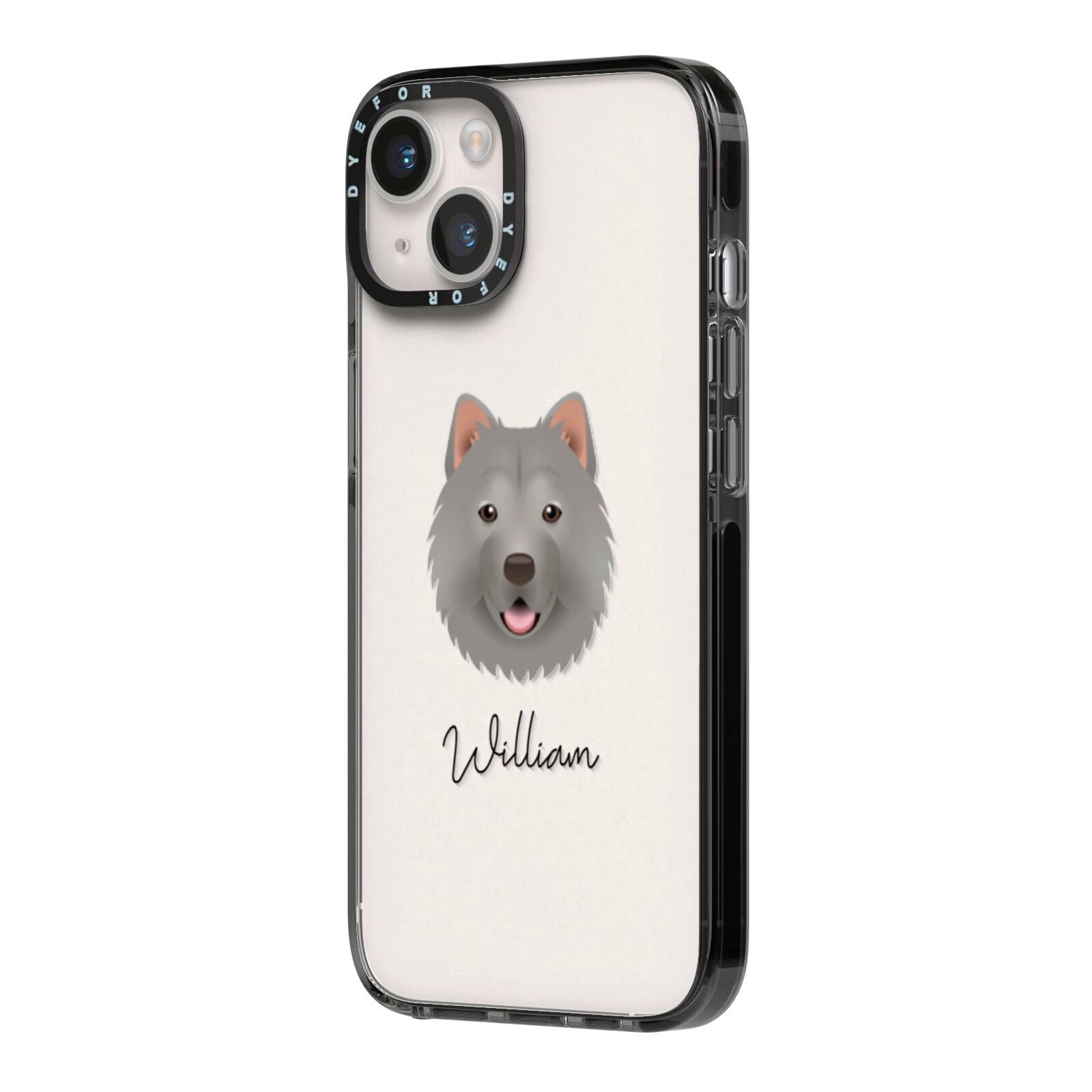 Chusky Personalised iPhone 14 Black Impact Case Side Angle on Silver phone