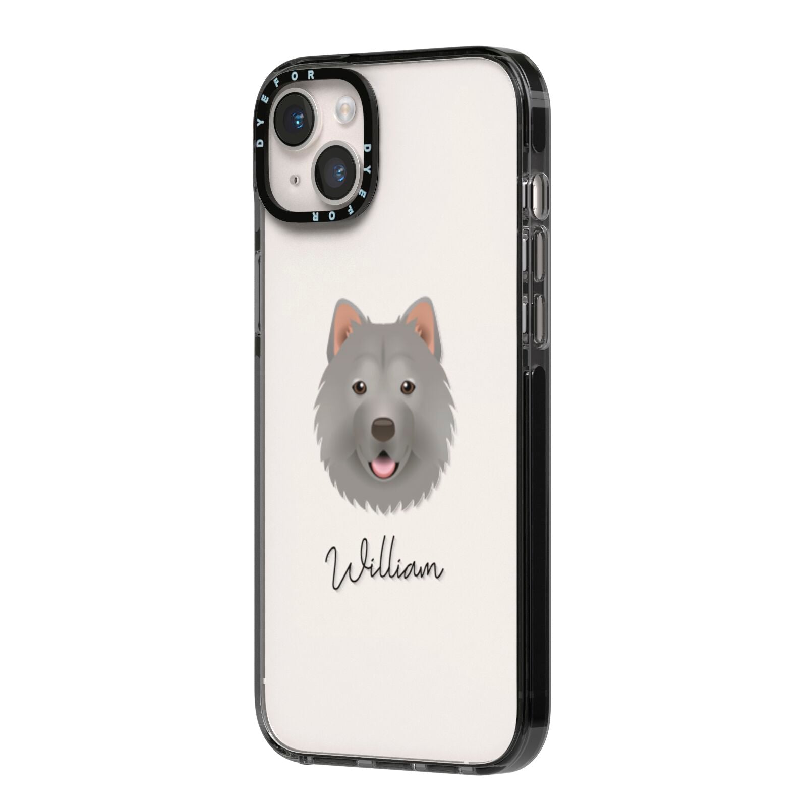 Chusky Personalised iPhone 14 Plus Black Impact Case Side Angle on Silver phone