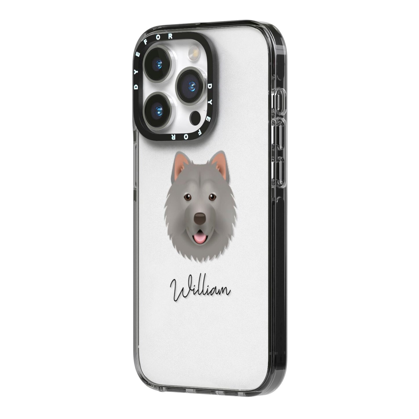 Chusky Personalised iPhone 14 Pro Black Impact Case Side Angle on Silver phone