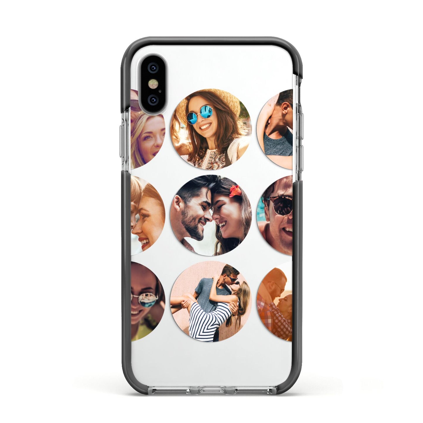 Circular Photo Montage Upload Apple iPhone Xs Impact Case Black Edge on Silver Phone