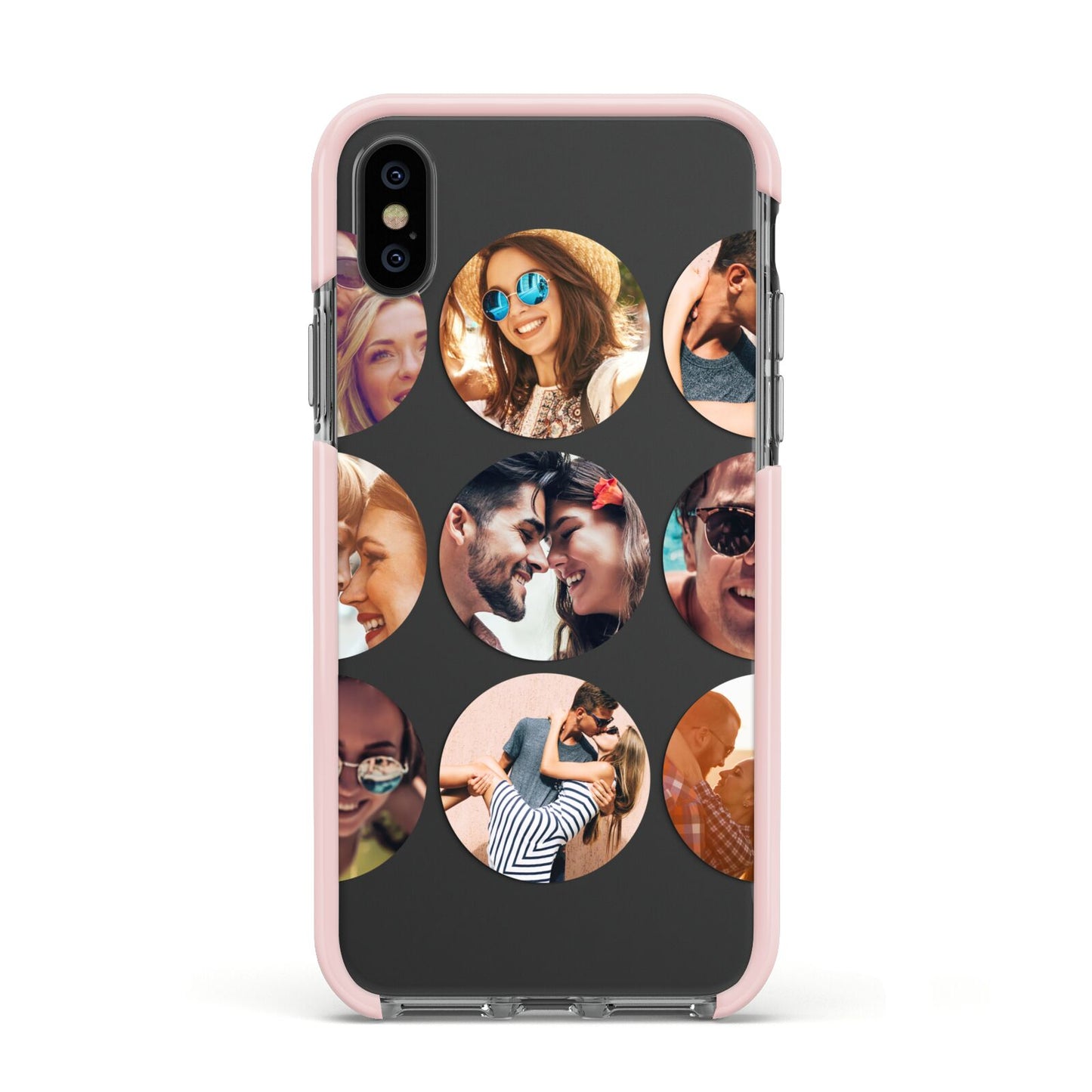 Circular Photo Montage Upload Apple iPhone Xs Impact Case Pink Edge on Black Phone