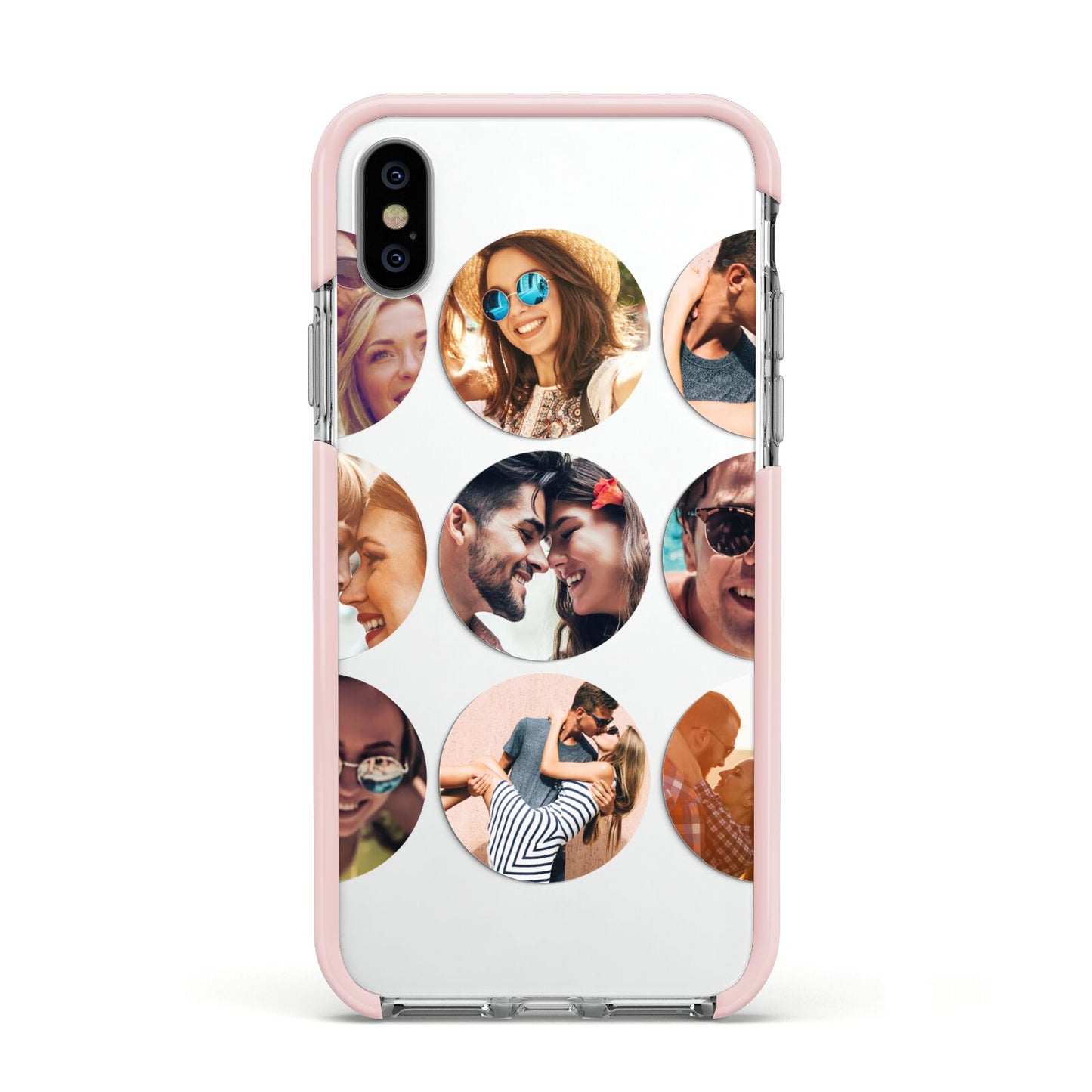 Circular Photo Montage Upload Apple iPhone Xs Impact Case Pink Edge on Silver Phone