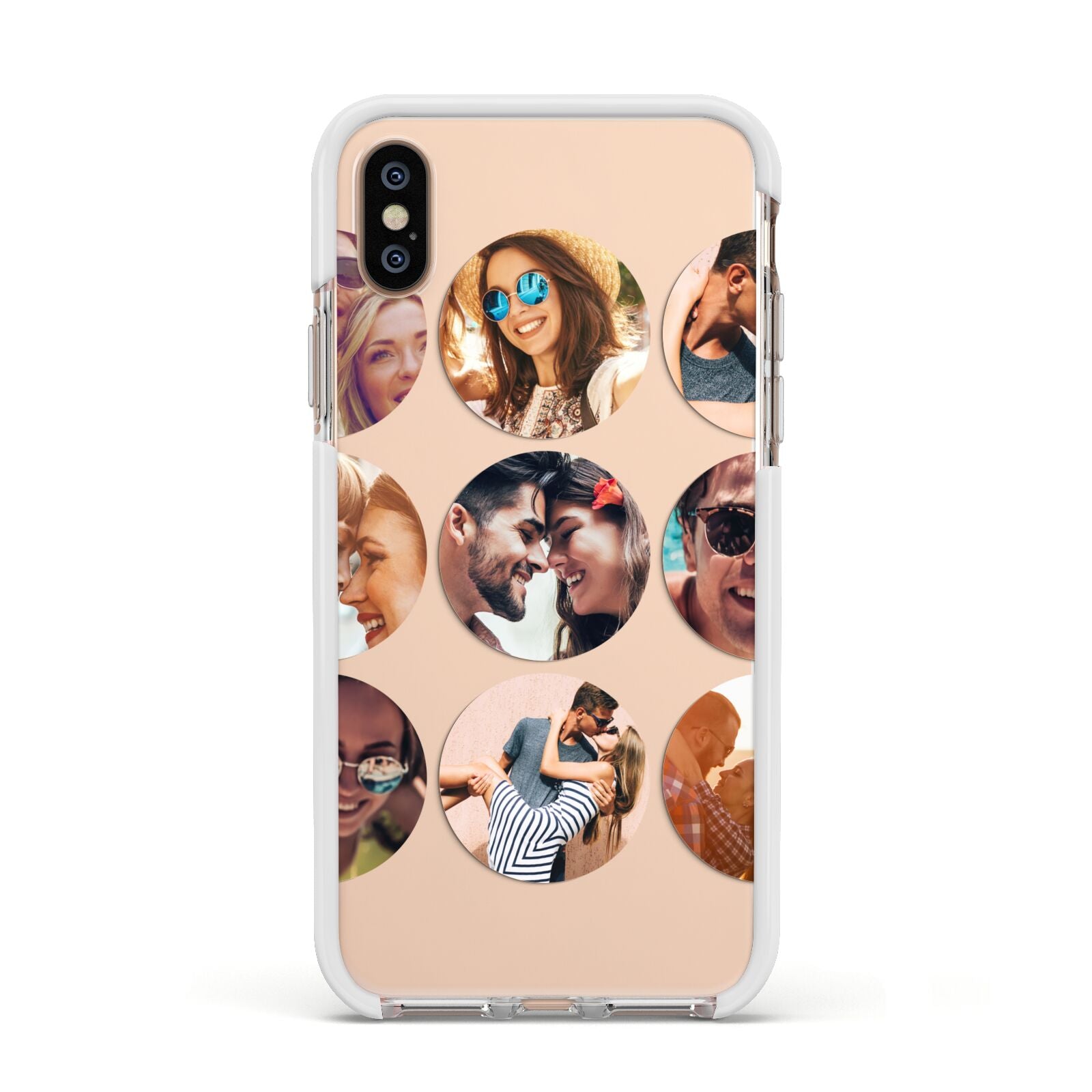 Circular Photo Montage Upload Apple iPhone Xs Impact Case White Edge on Gold Phone