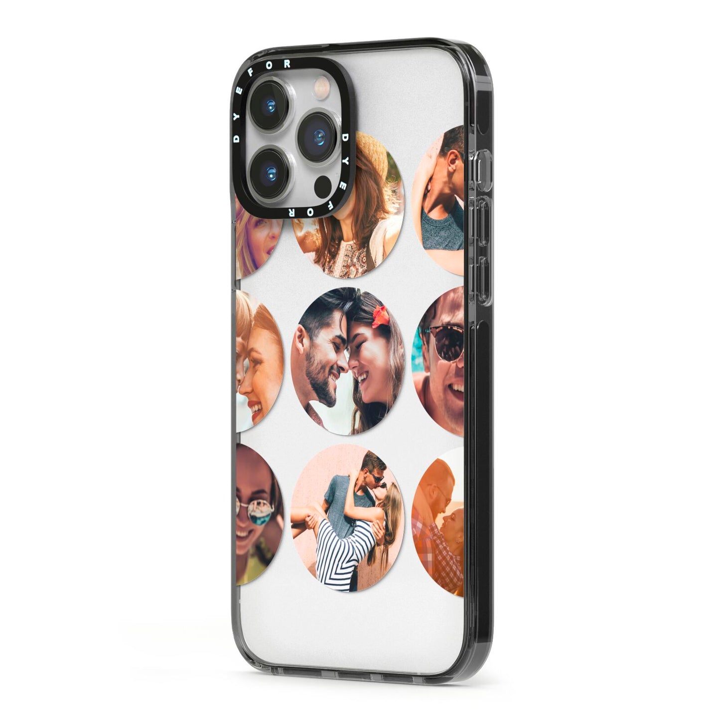Circular Photo Montage Upload iPhone 13 Pro Max Black Impact Case Side Angle on Silver phone