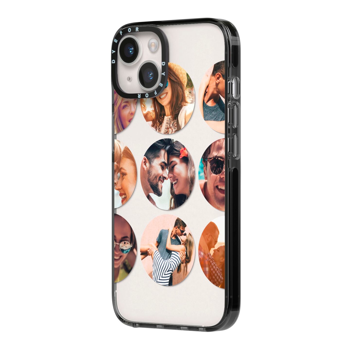Circular Photo Montage Upload iPhone 14 Black Impact Case Side Angle on Silver phone