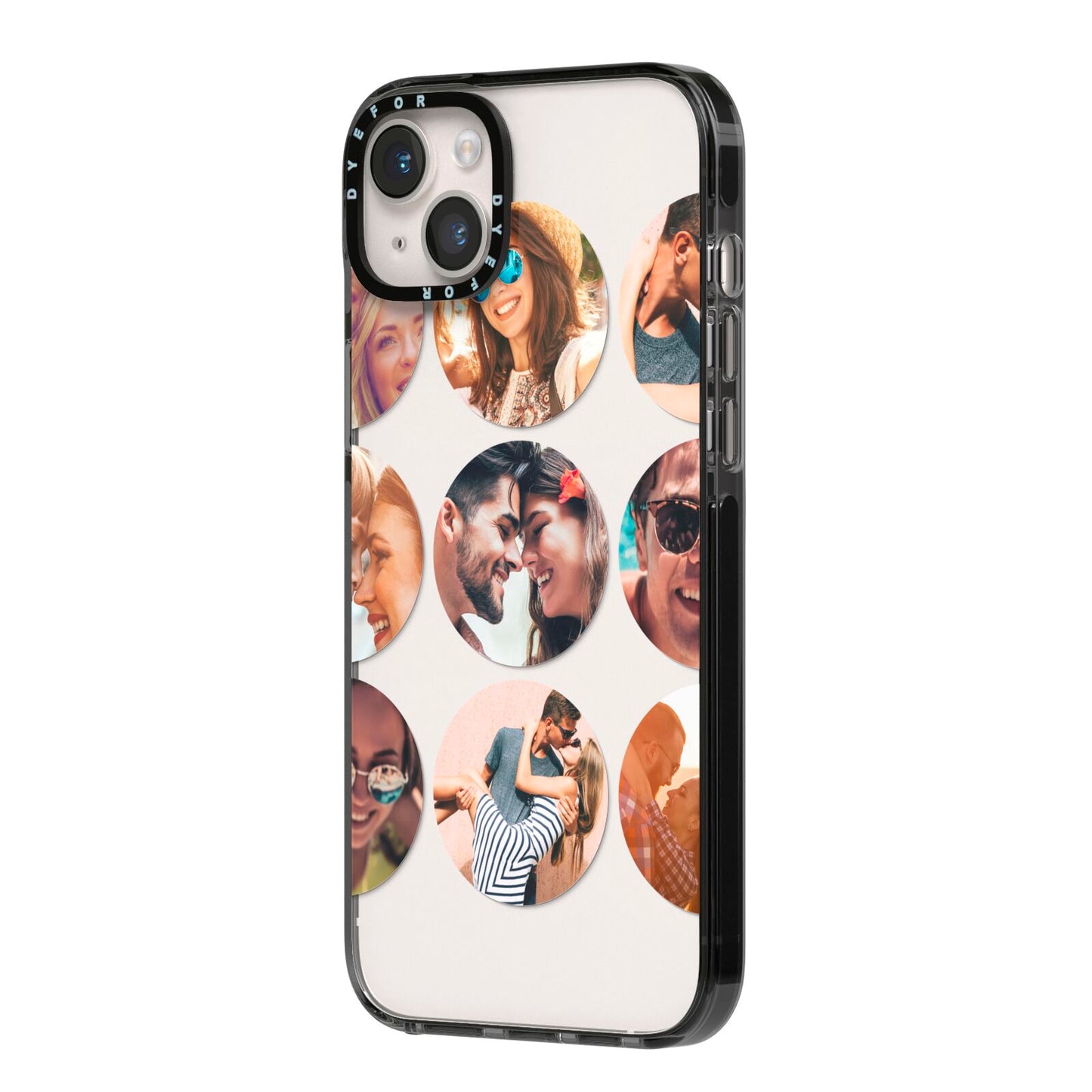 Circular Photo Montage Upload iPhone 14 Plus Black Impact Case Side Angle on Silver phone